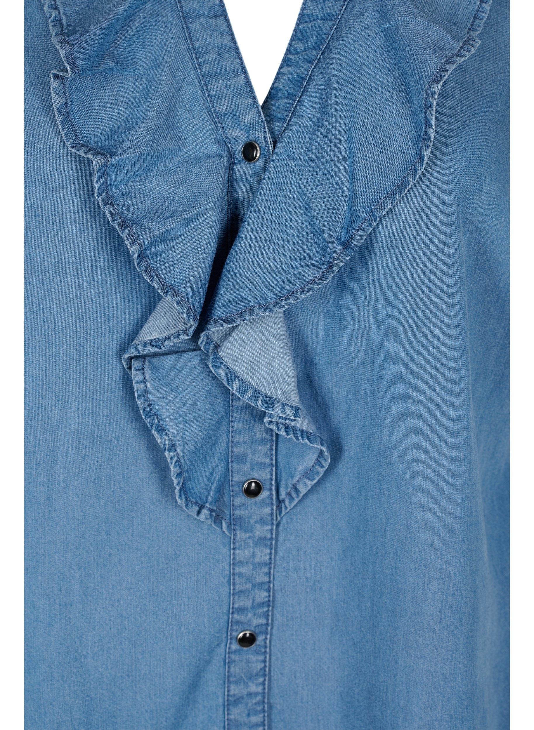 Langarm Hemdbluse mit V-Ausschnitt und Rüschendetails, Blue denim, Packshot image number 2
