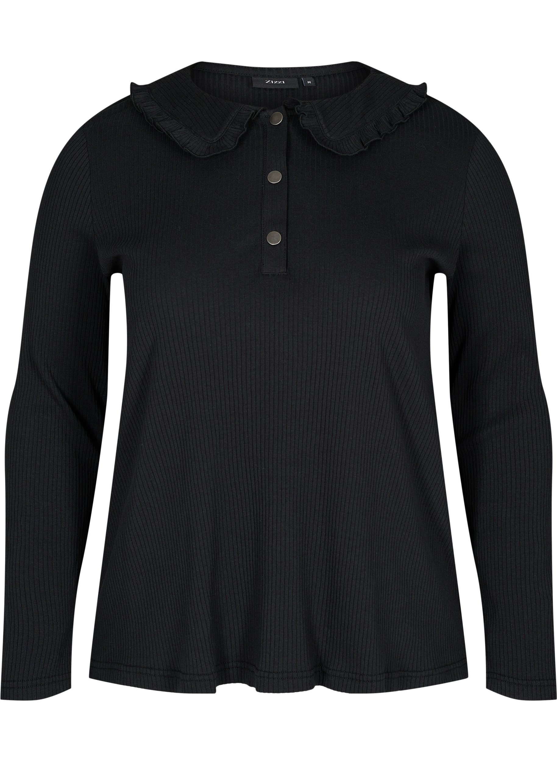 Langarm Bluse mit Ripp und Rüschenkragen, Black, Packshot image number 0