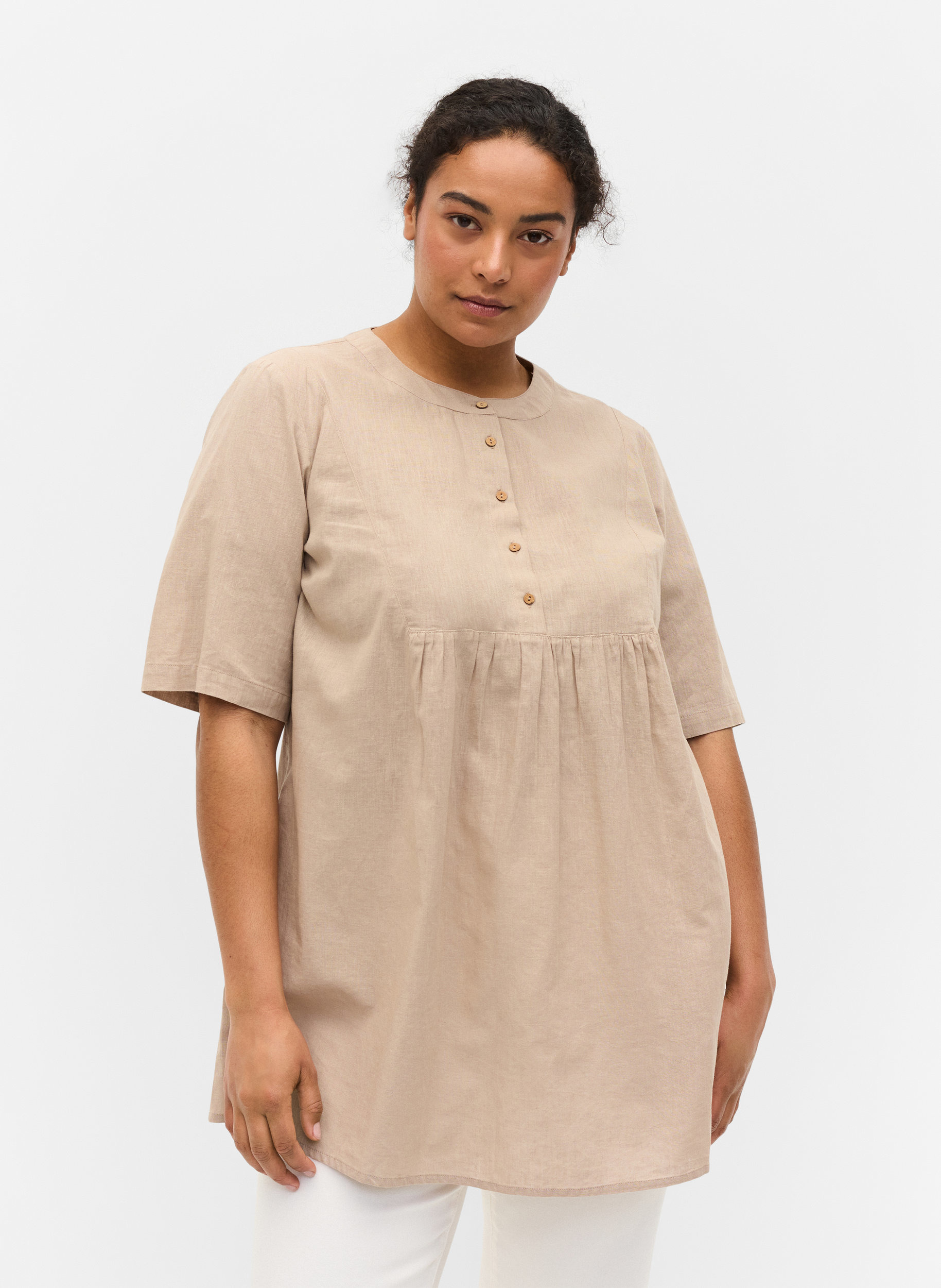 Kurzarm Tunika mit Knöpfen, Simply Taupe, Model