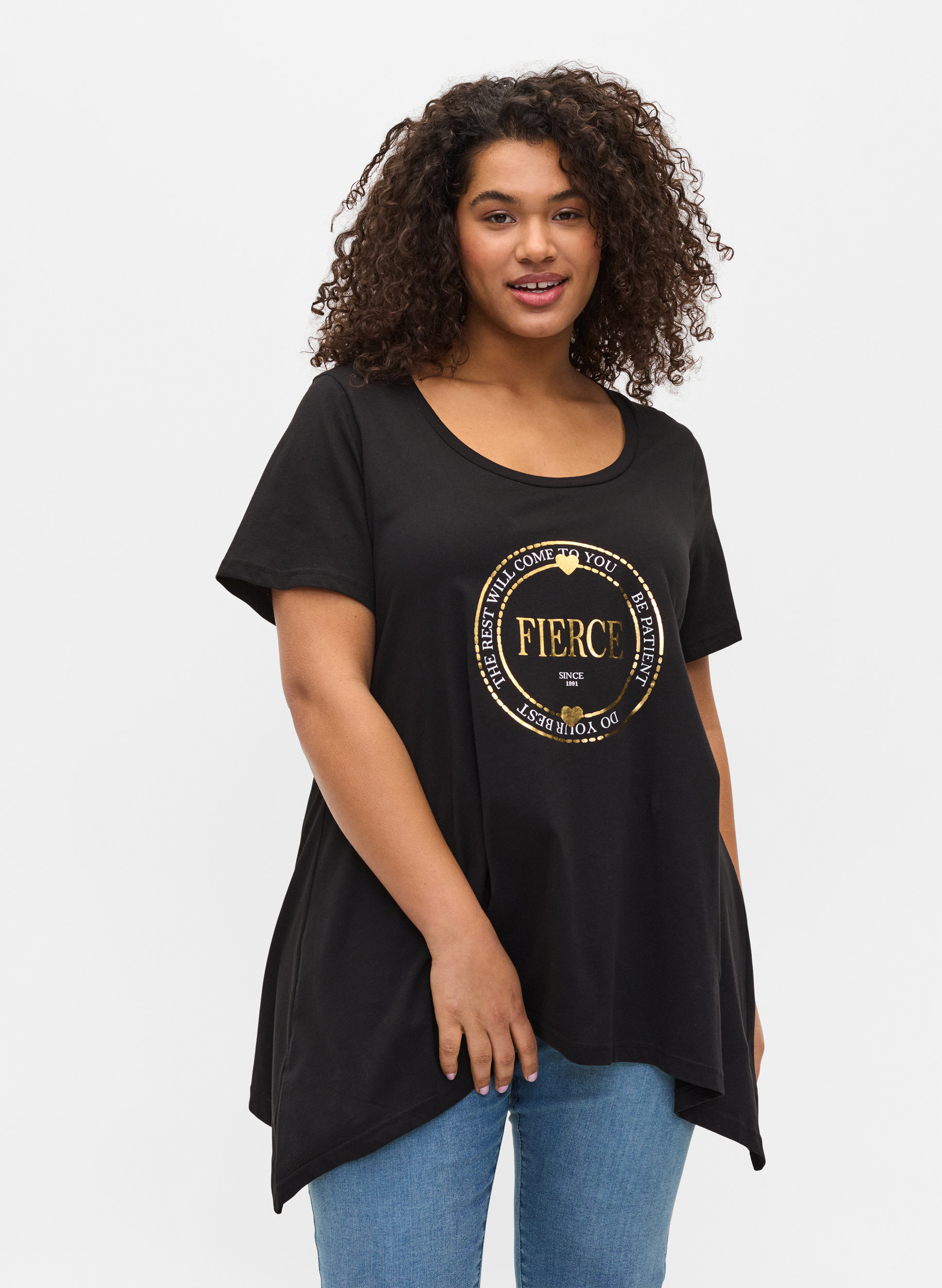 Kurzarm T-Shirt aus Baumwolle mit A-Linie, Black FIERCE, Model image number 0