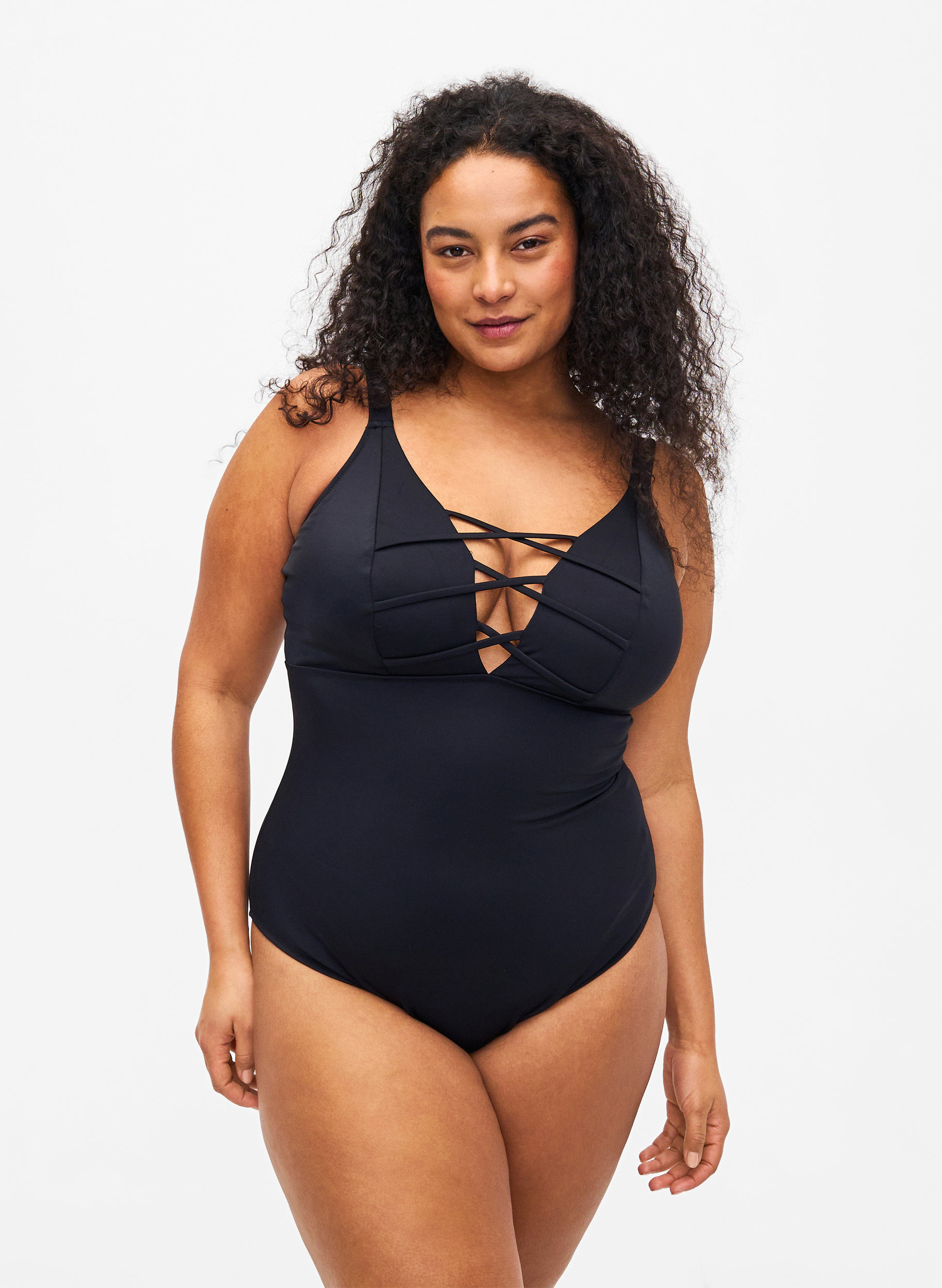 Badeanzug mit Schnurdetails, Black, Model