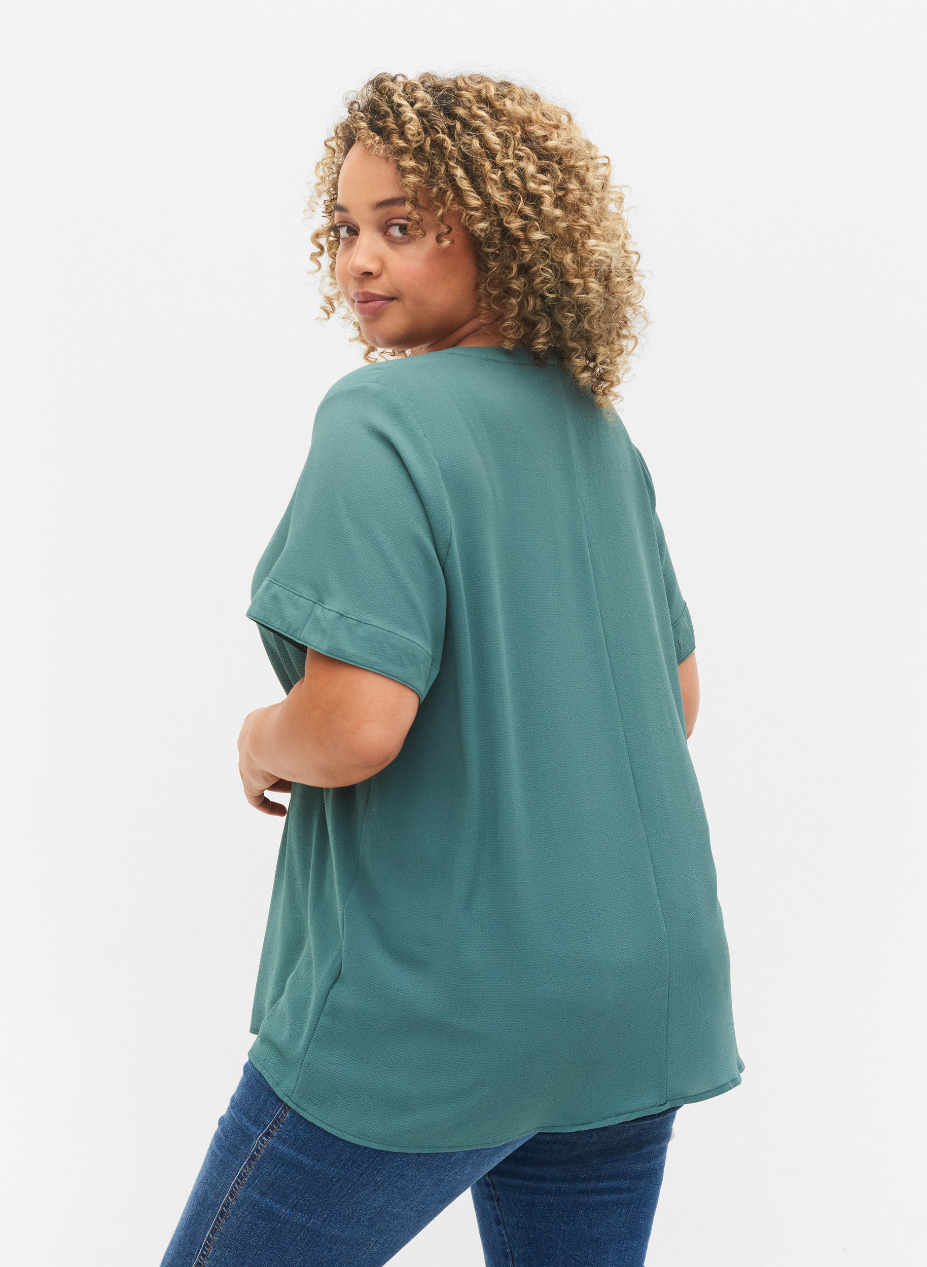 Kurzärmelige Bluse mit V-Ausschnitt, Mallard Green, Model image number 1