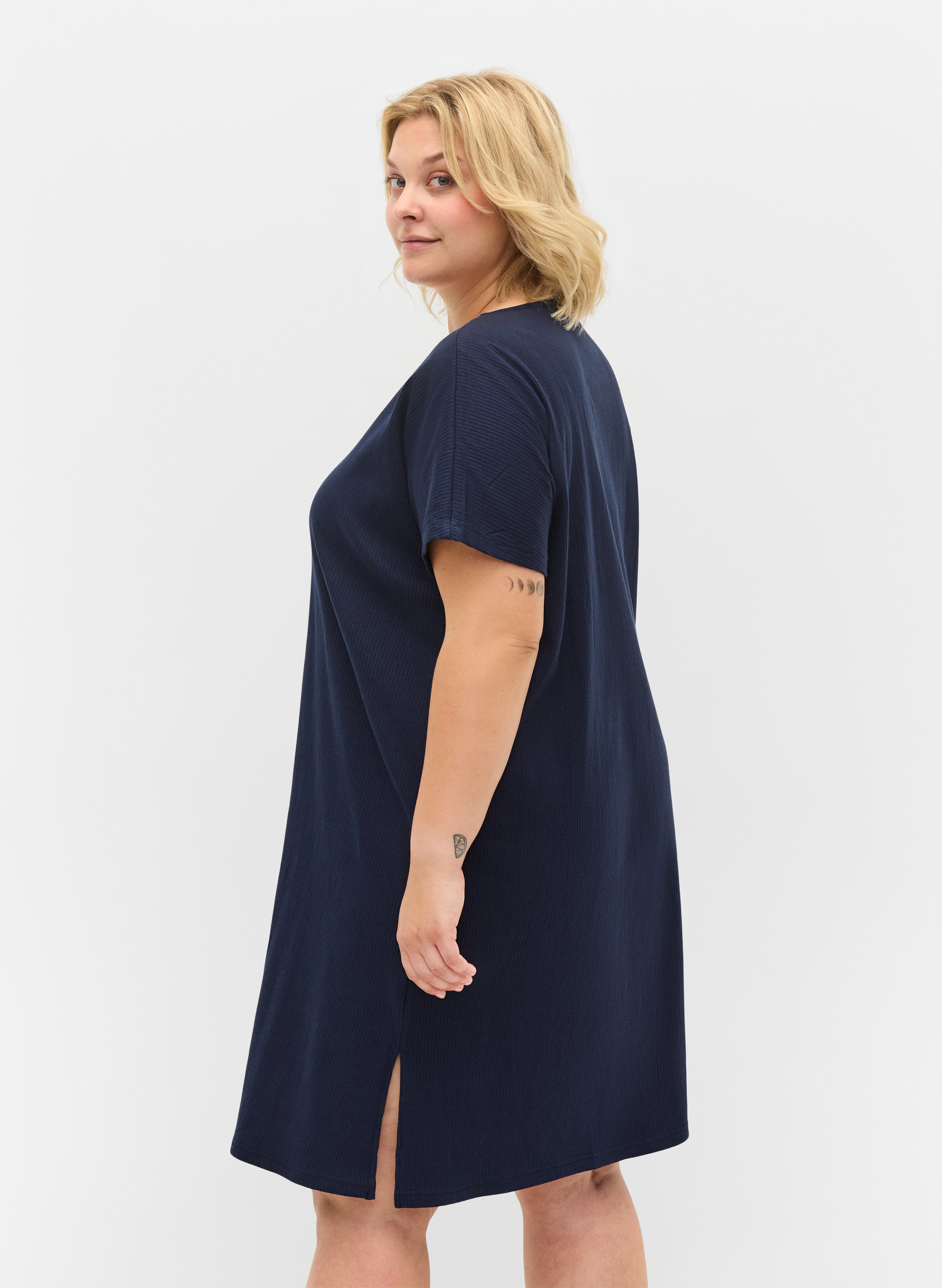 Kurzarm Kleid aus Baumwolle mit Rippstruktur, Navy Blazer, Model image number 1