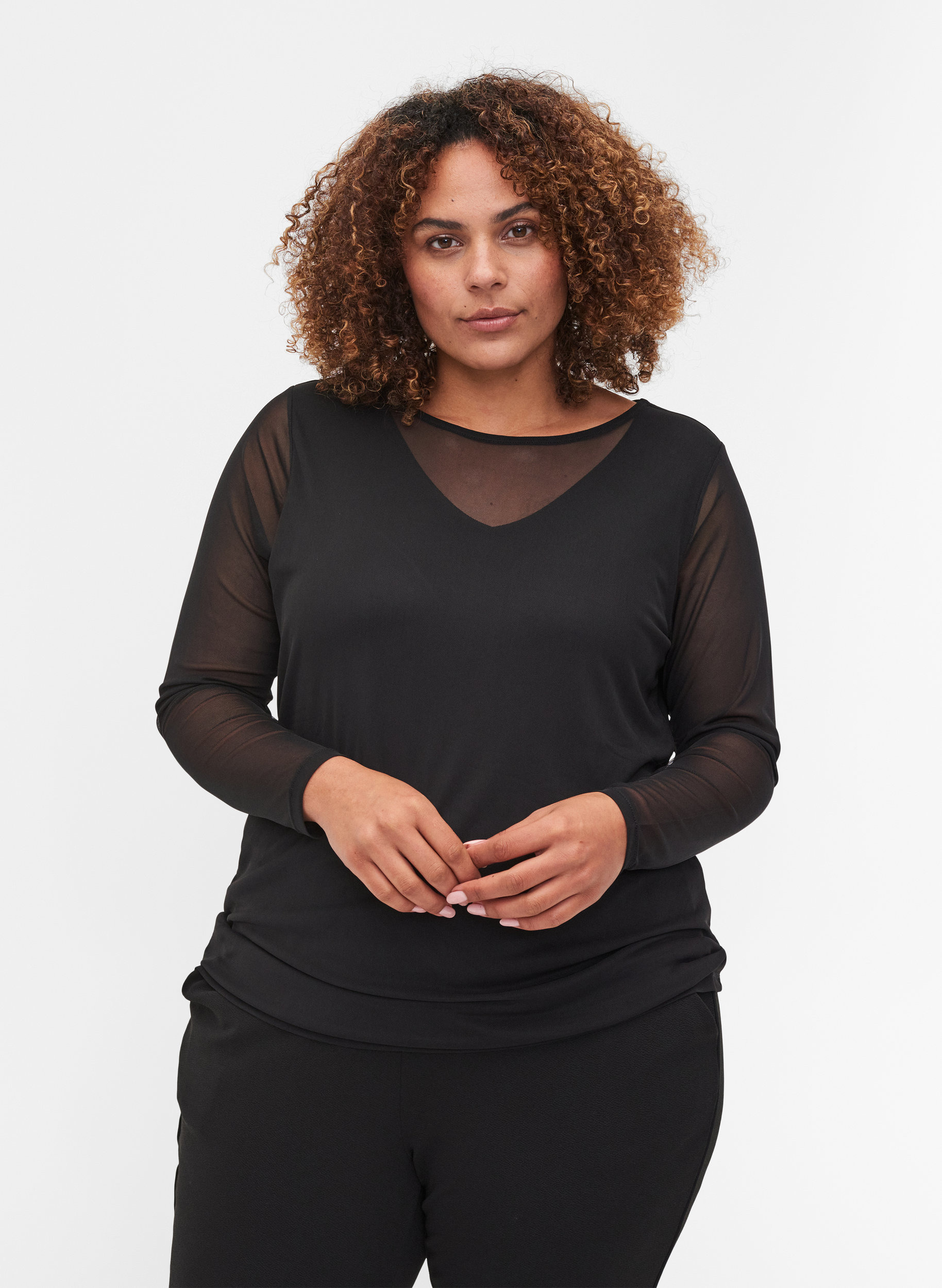 Enganliegende Bluse mit Mesh, Black, Model image number 0