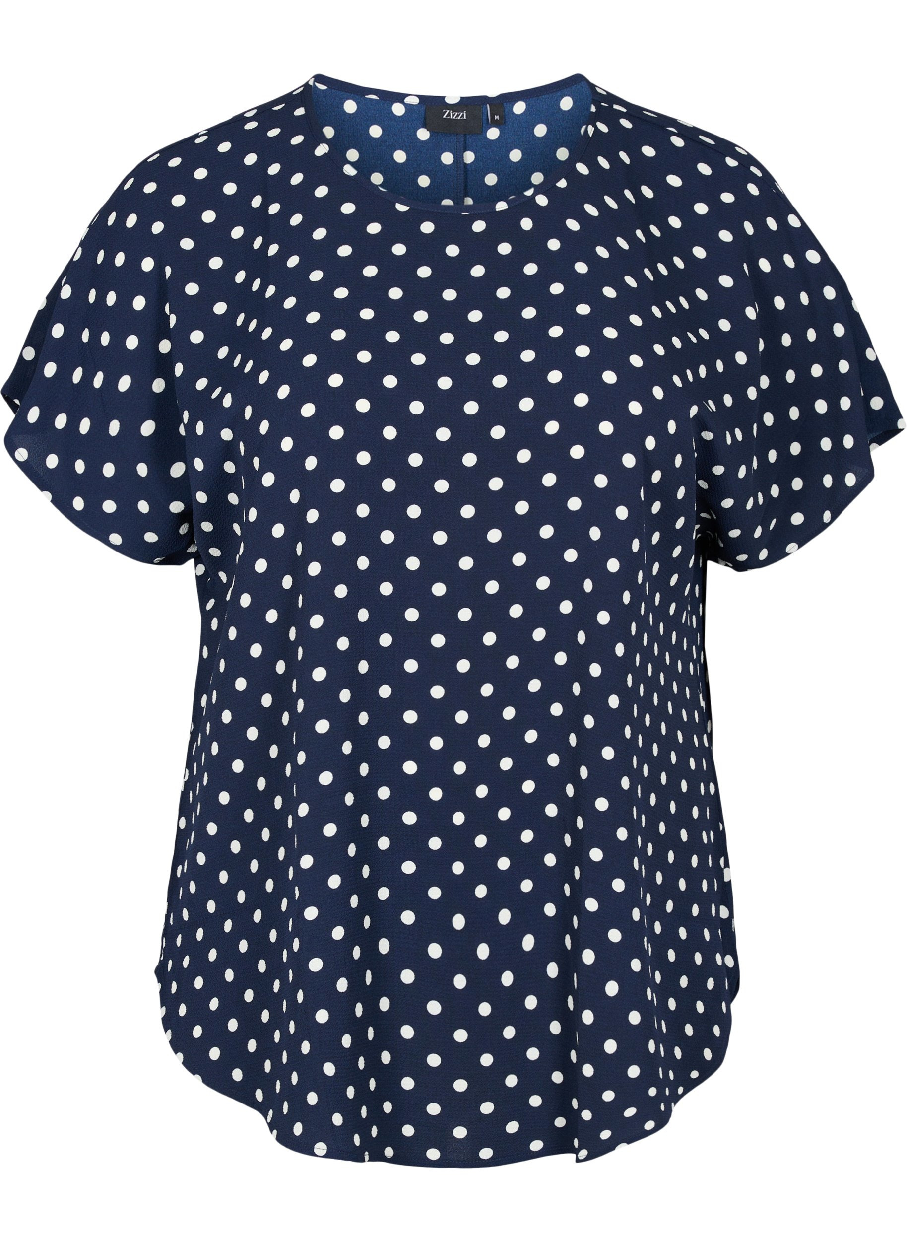 Bluse mit kurzen Ärmeln und Rundhalsausschnitt, Navy Bla w White Dot, Packshot image number 0
