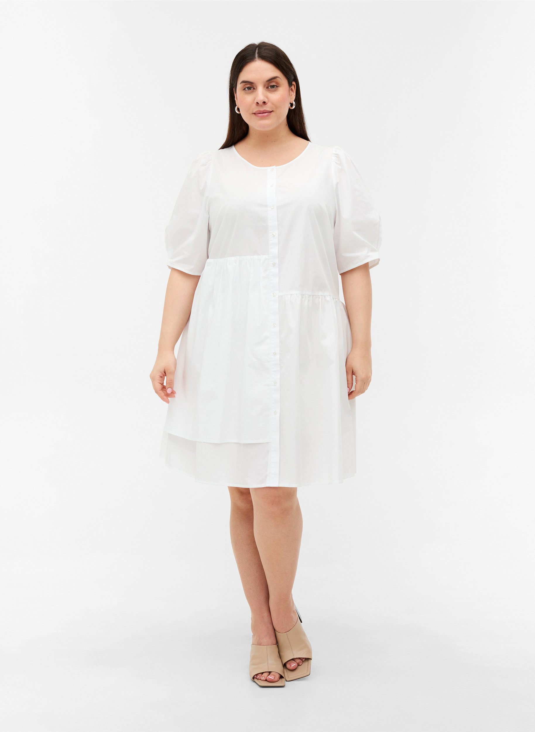 Hemdkleid aus Baumwolle mit Puffärmeln, Bright White, Model image number 2