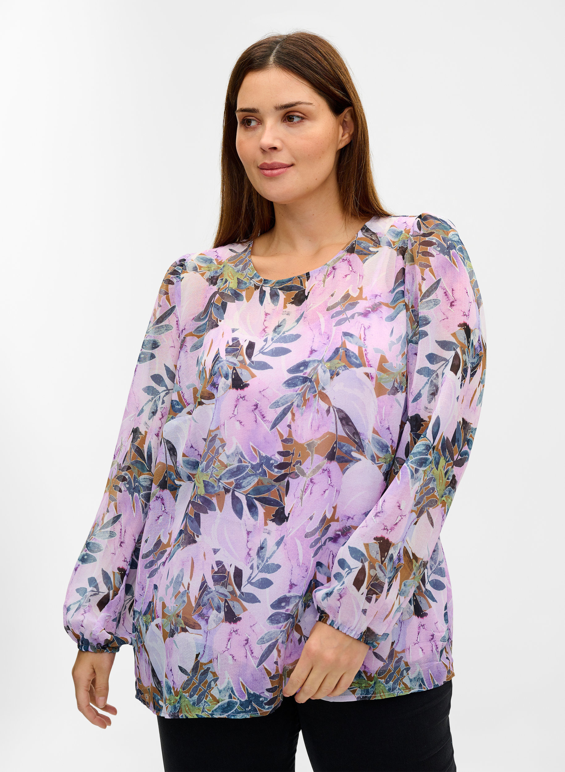Bedruckte Bluse mit langen Ärmeln, Orchid Bouquet AOP, Model image number 0