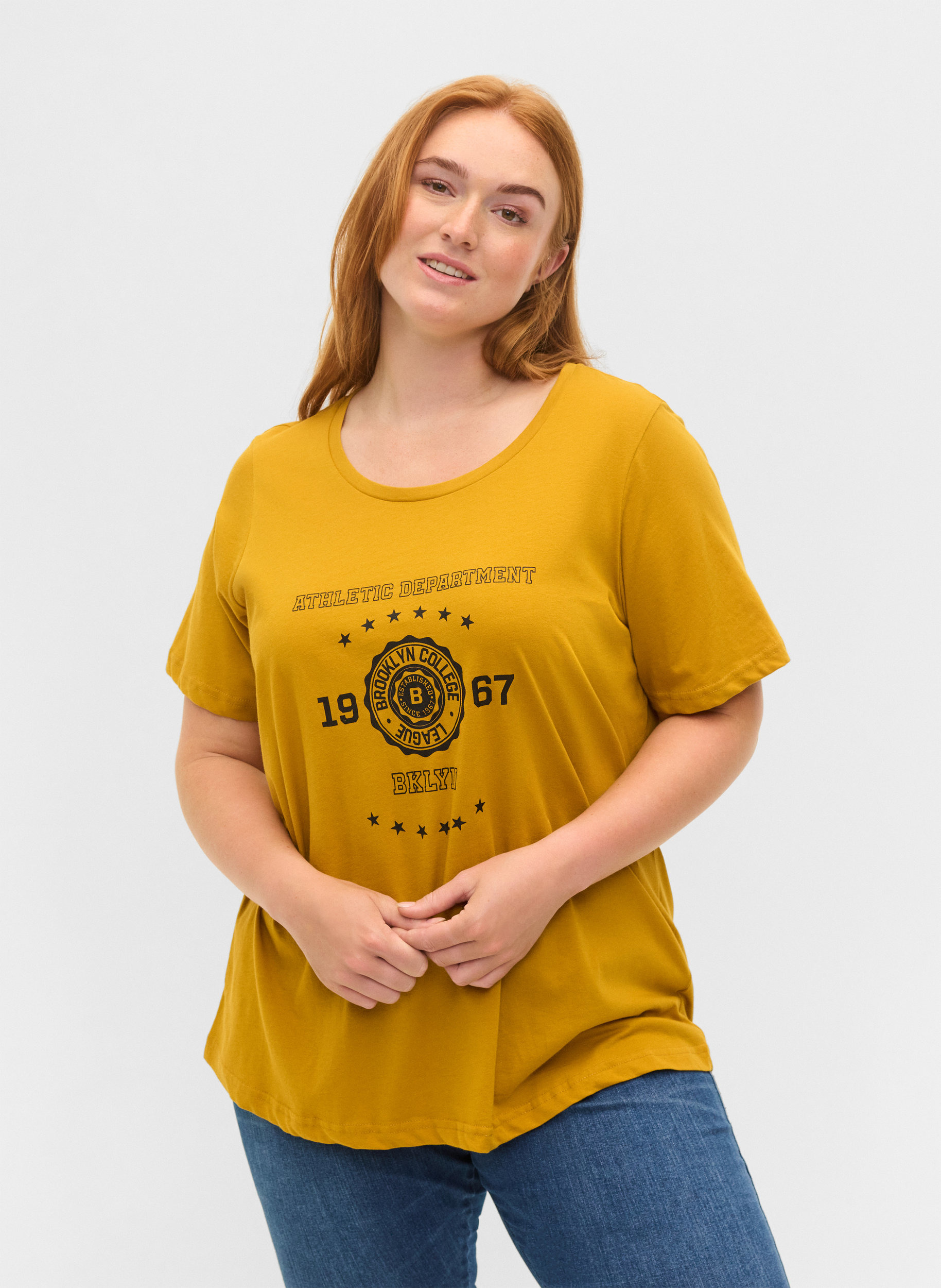 Kurzärmeliges Baumwoll-T-Shirt mit Druck, Harvest Gold, Model image number 0
