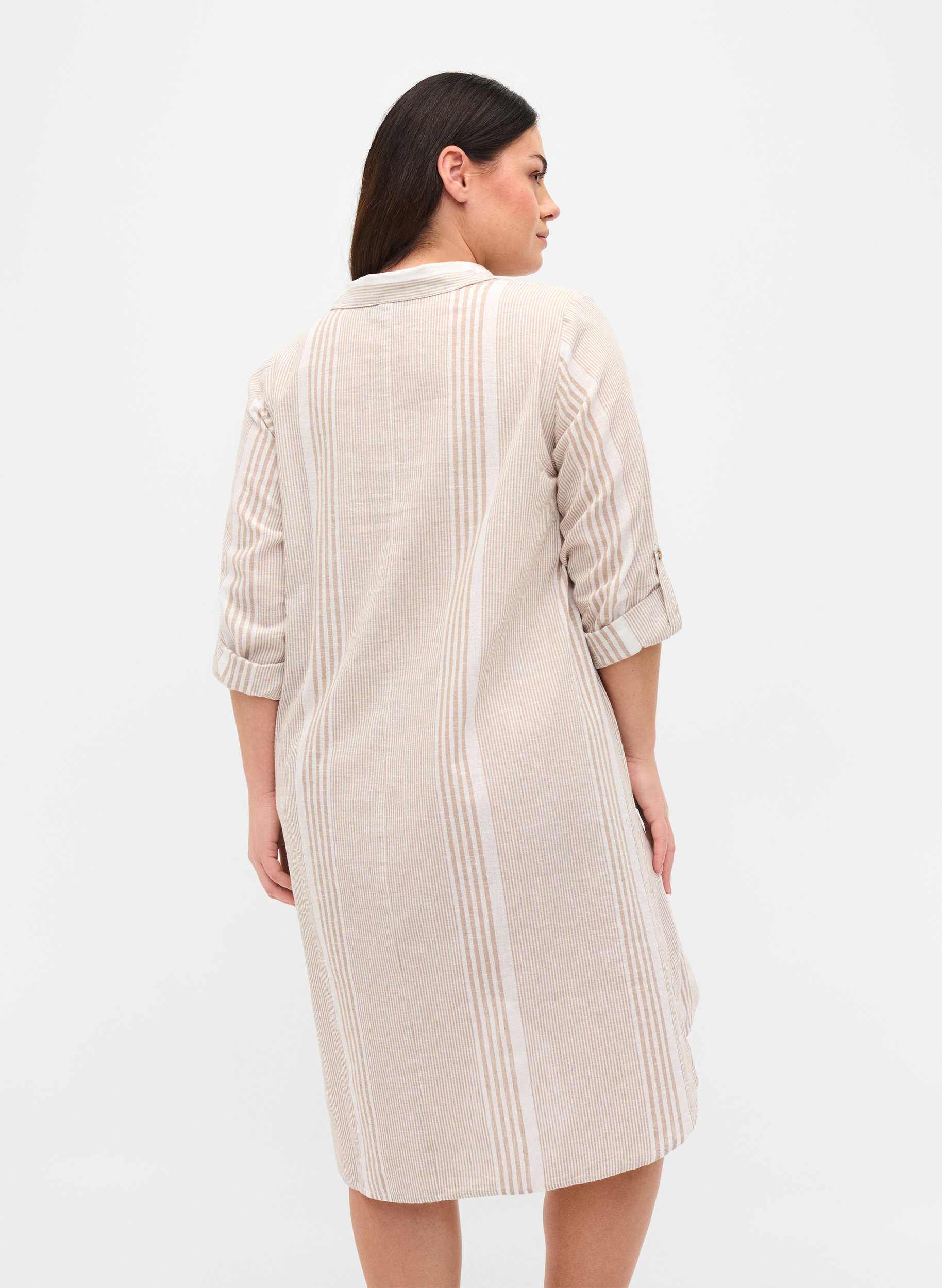 Kleid mit V-Ausschnitt und Kragen, White Taupe Stripe, Model