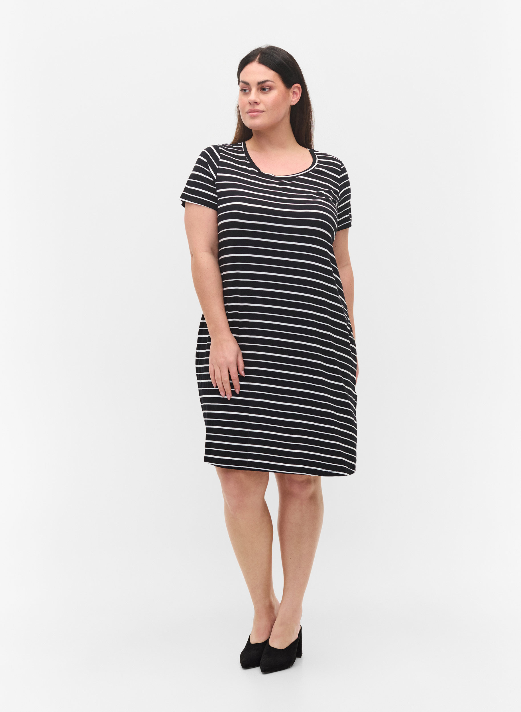 Kleid mit kurzen Ärmeln, Black w. Stripe, Model image number 2