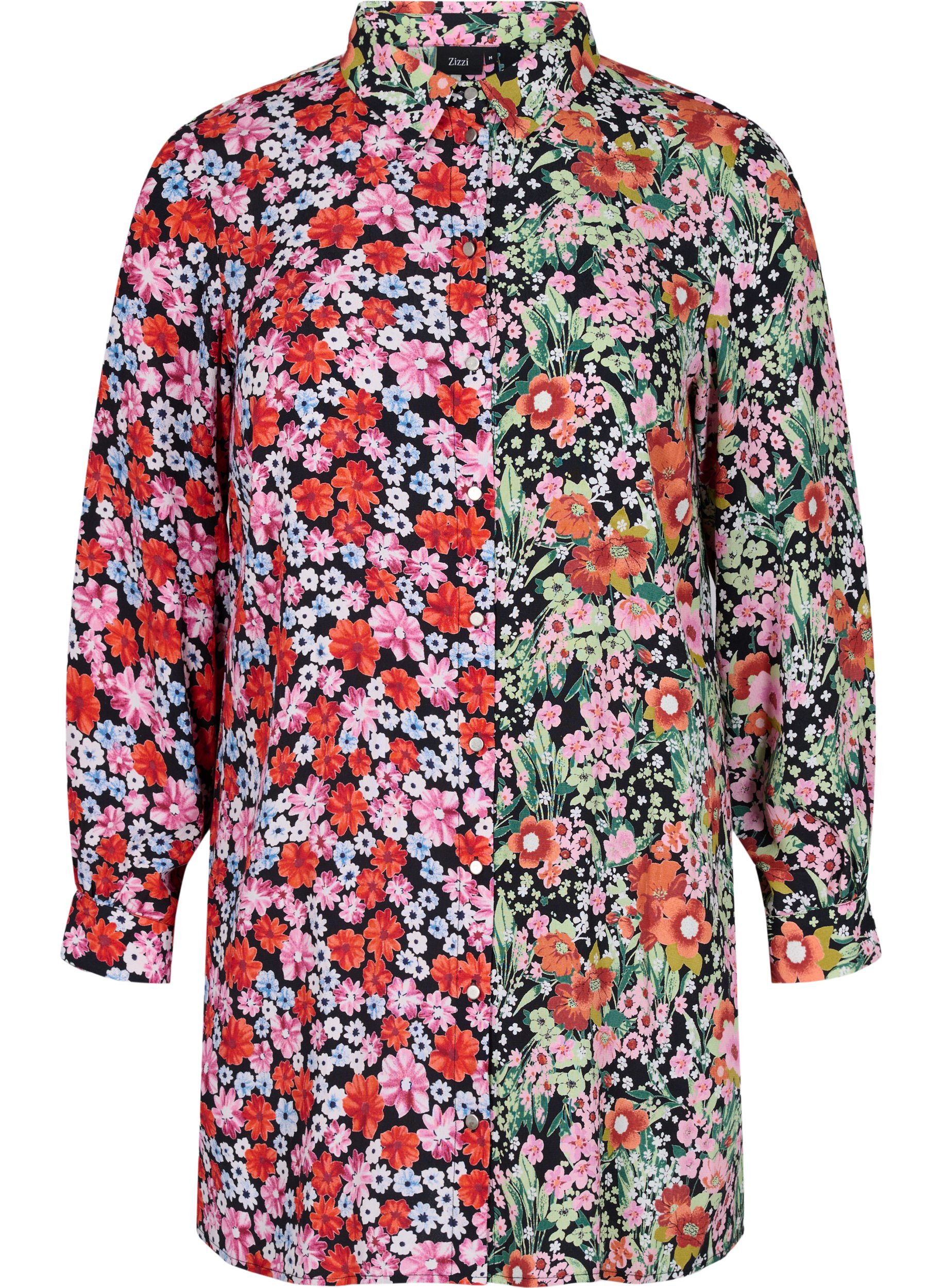 Lange Hemdbluse aus Viskose mit Blumenprint, Flower AOP Mix, Packshot image number 0