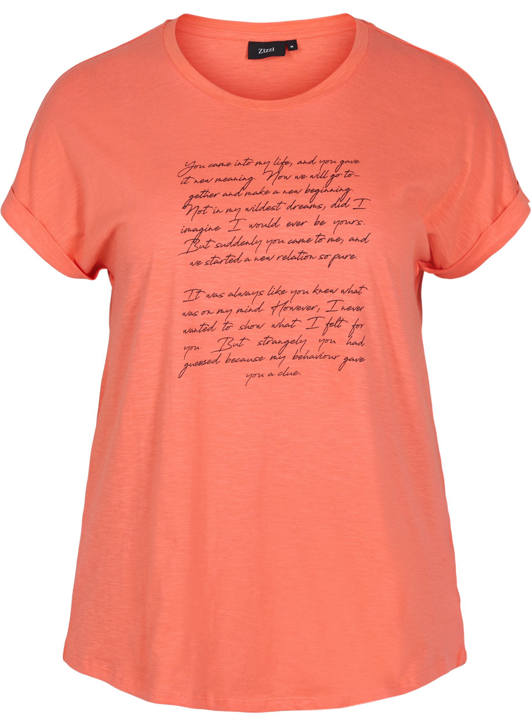 T-Shirt mit Aufdruck in Bio-Baumwolle, Living Coral Text, Packshot image number 0
