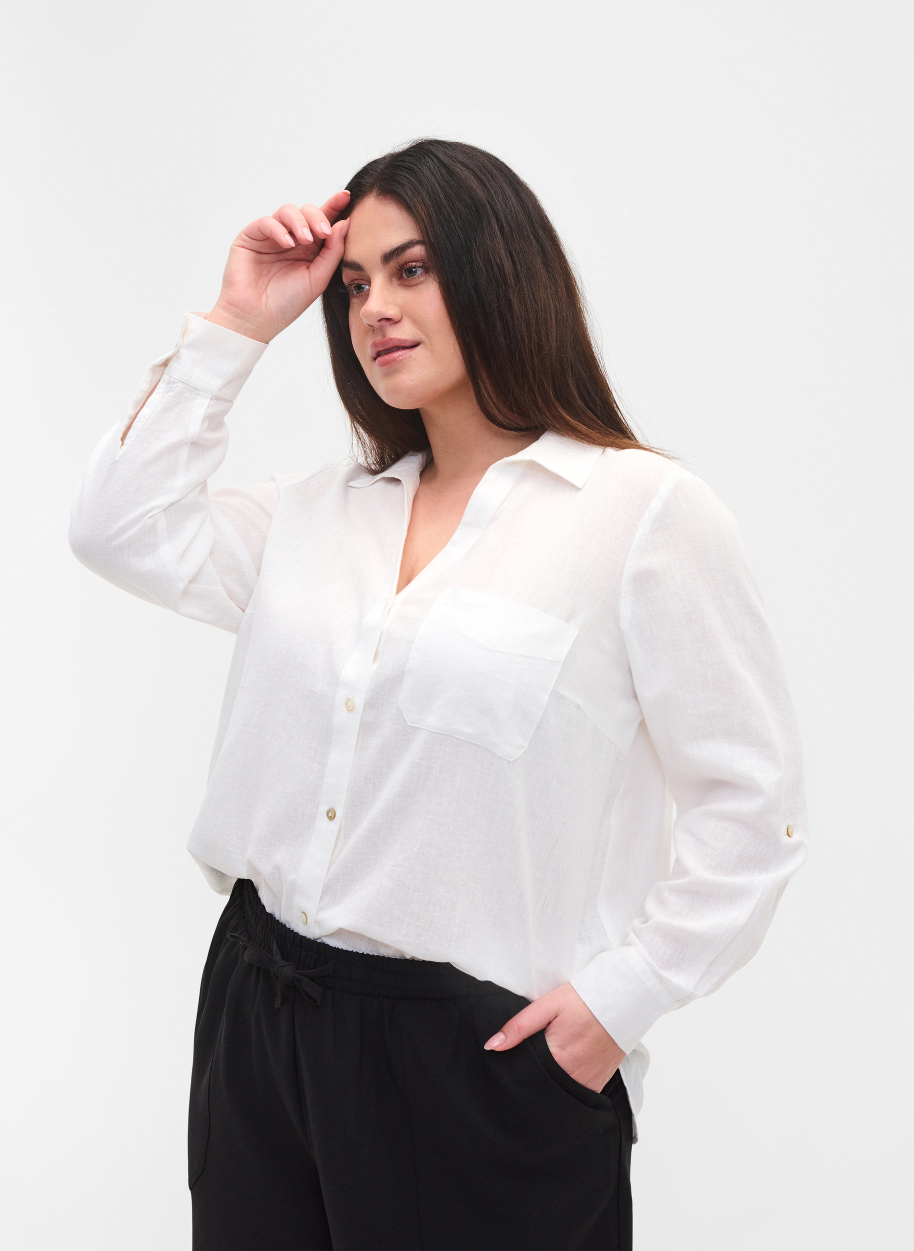 Bluse mit 3/4-Ärmeln und Knöpfen, White, Model