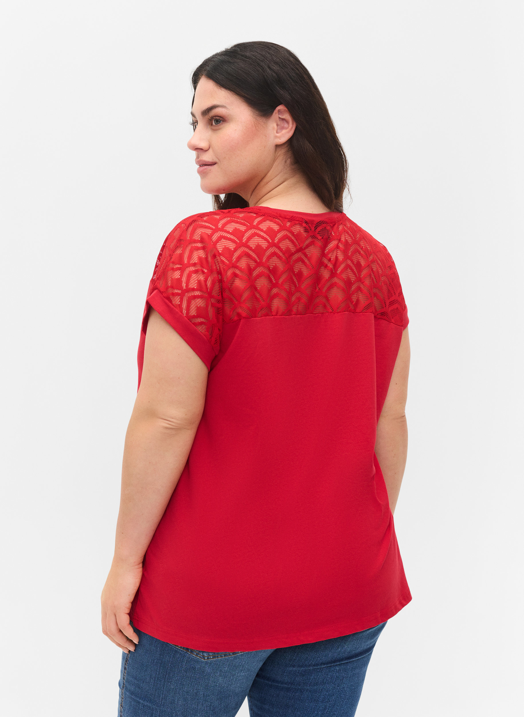 Baumwoll-T-Shirt mit Spitze und kurzen Ärmeln, Tango Red, Model image number 1