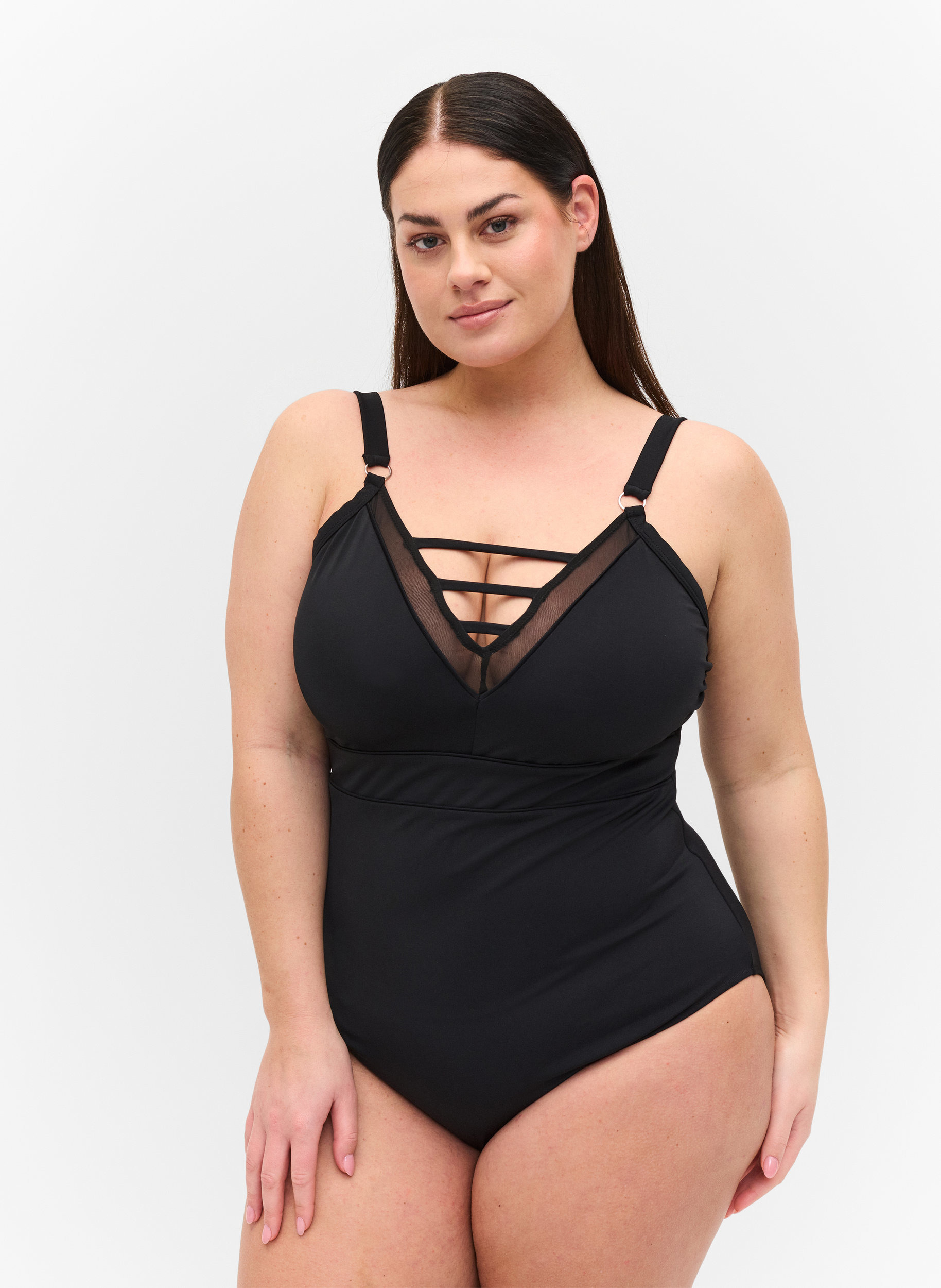 Badeanzug mit V-Ausschnitt und Mesh, Black, Model