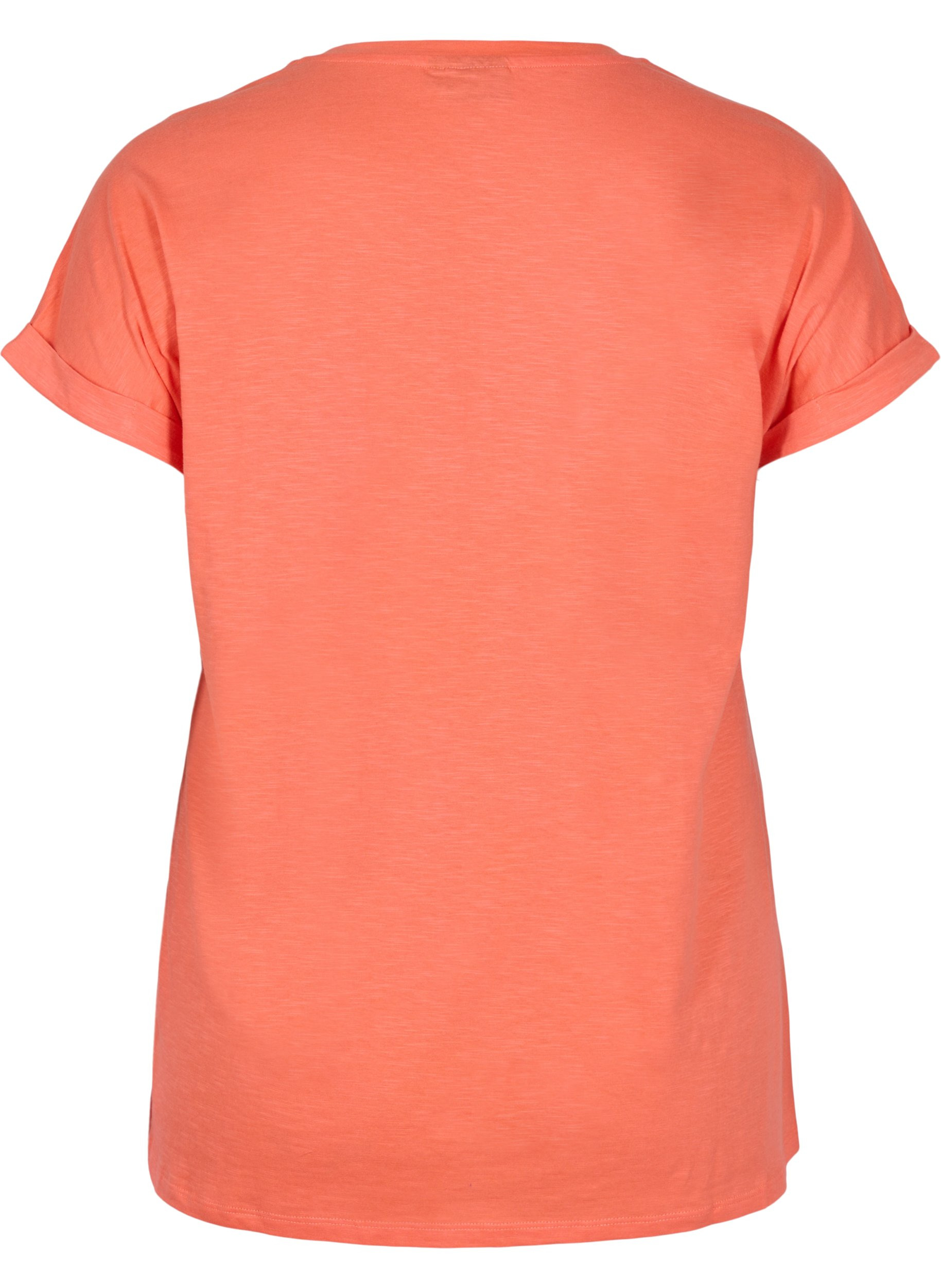 T-Shirt mit Aufdruck in Bio-Baumwolle, Living Coral Text, Packshot image number 1