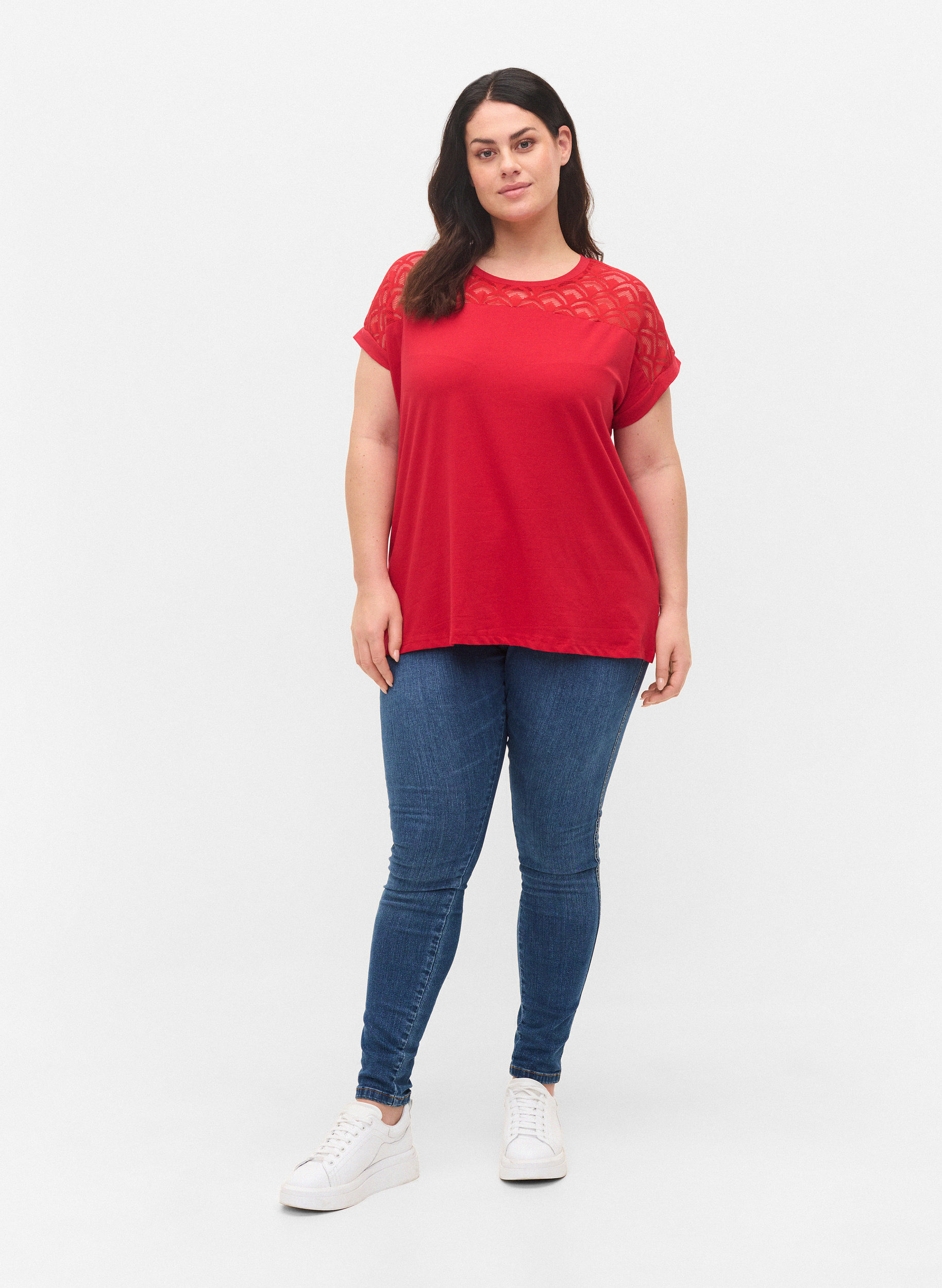 Baumwoll-T-Shirt mit Spitze und kurzen Ärmeln, Tango Red, Model image number 2