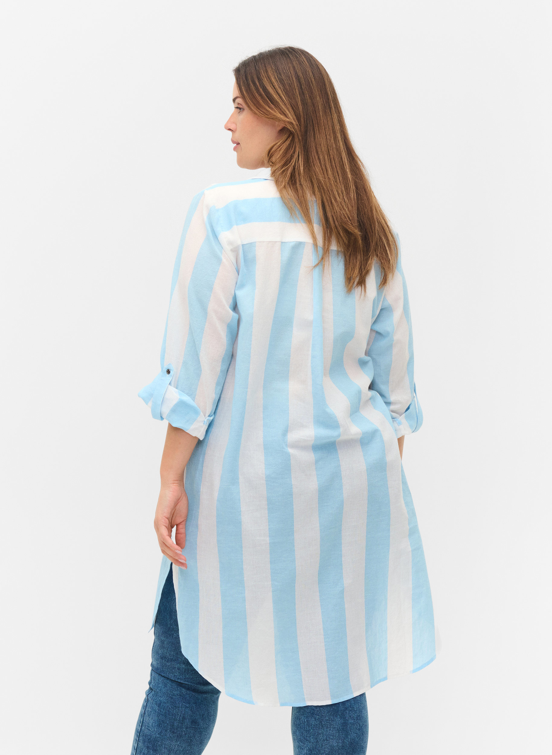 gestreiftes Baumwollhemd mit 3/4 Ärmeln, Blue Bell Stripe, Model