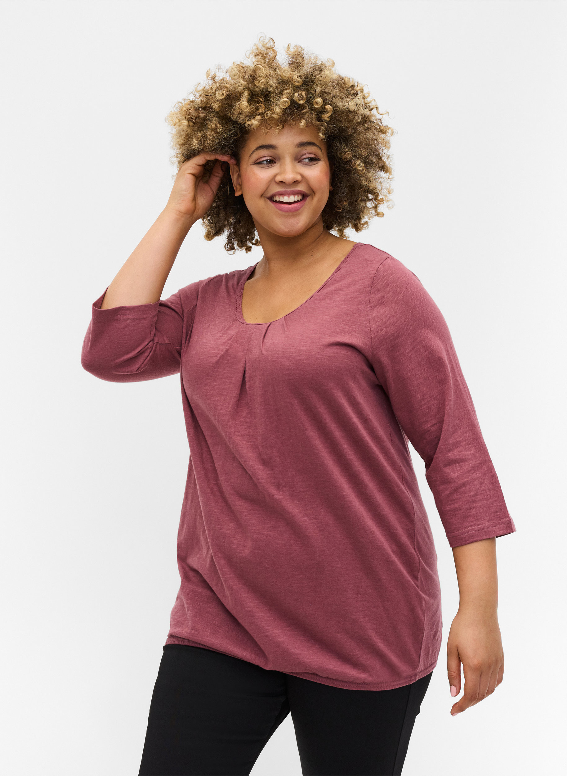 Einfarbige Bluse mit 3/4-Ärmel aus Baumwolle, Rose Brown, Model