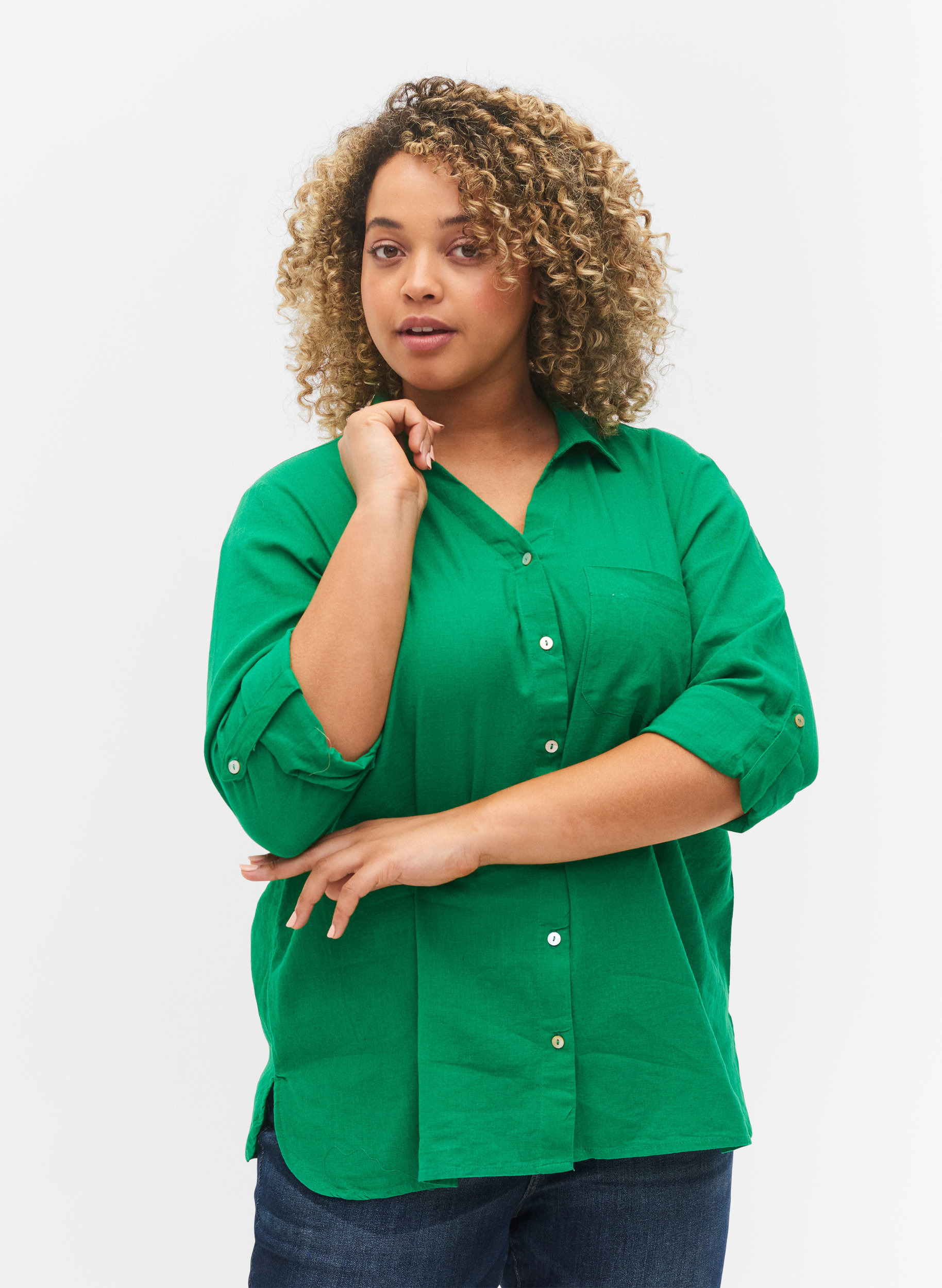 Bluse mit 3/4-Ärmeln und Knöpfen, Jolly Green, Model