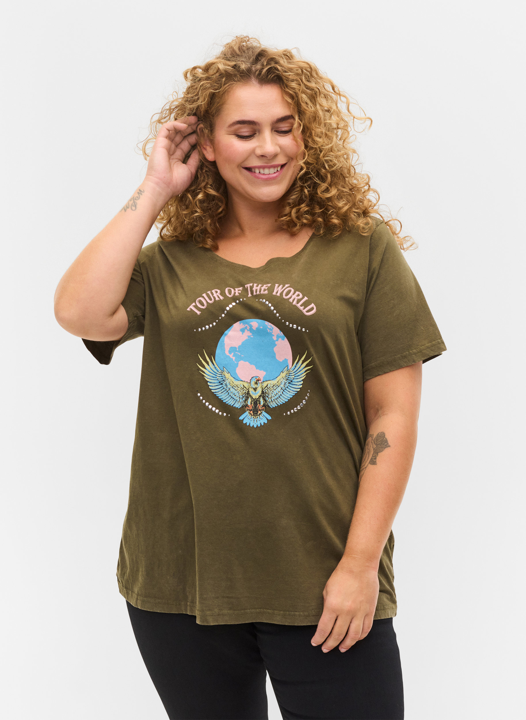 Kurzarm T-Shirt aus Baumwolle mit Print, Ivy Green Wash, Model image number 0