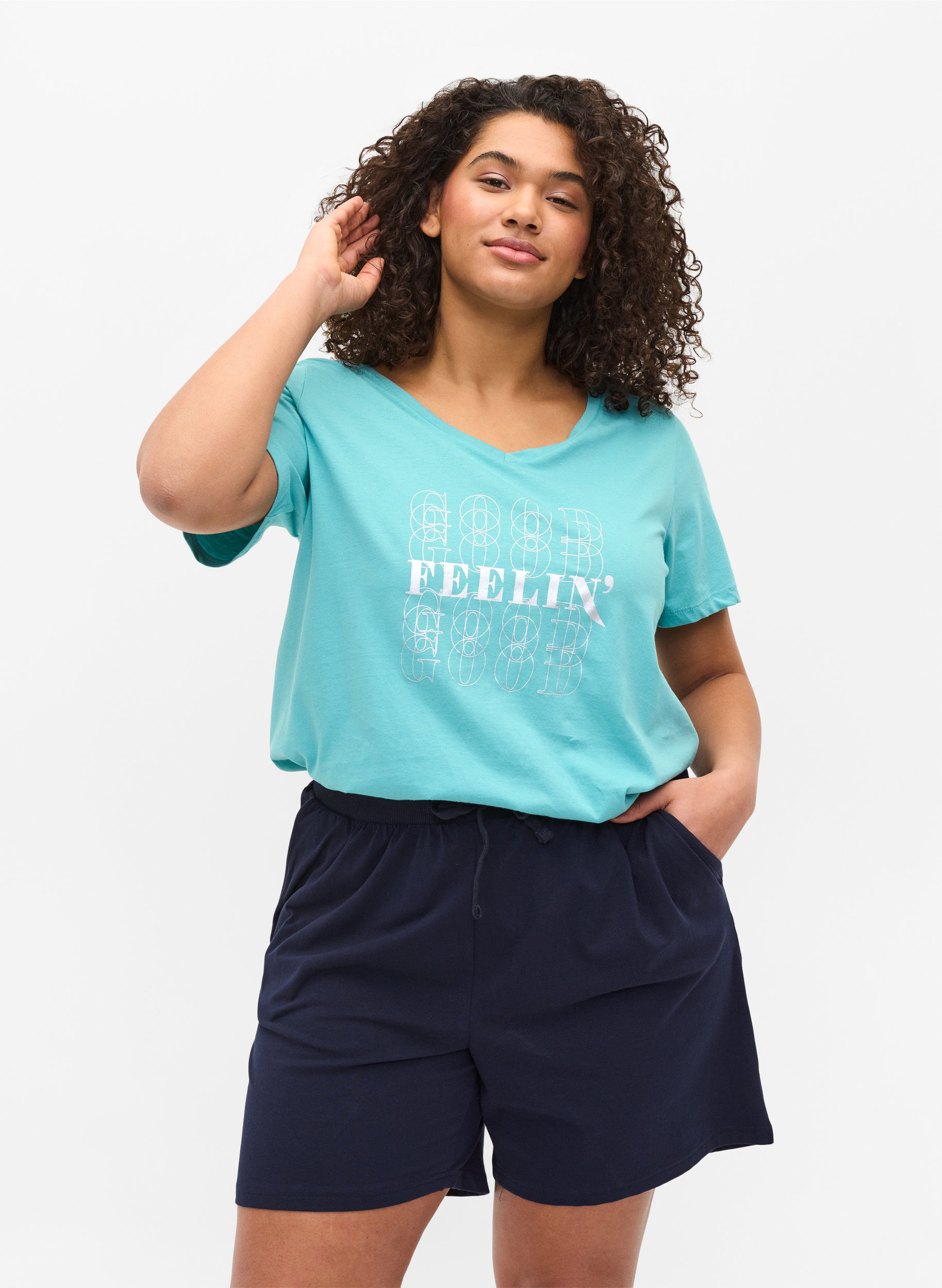 T-Shirt aus Baumwolle mit V-Ausschnitt, Aqua Sea Good F., Model image number 0
