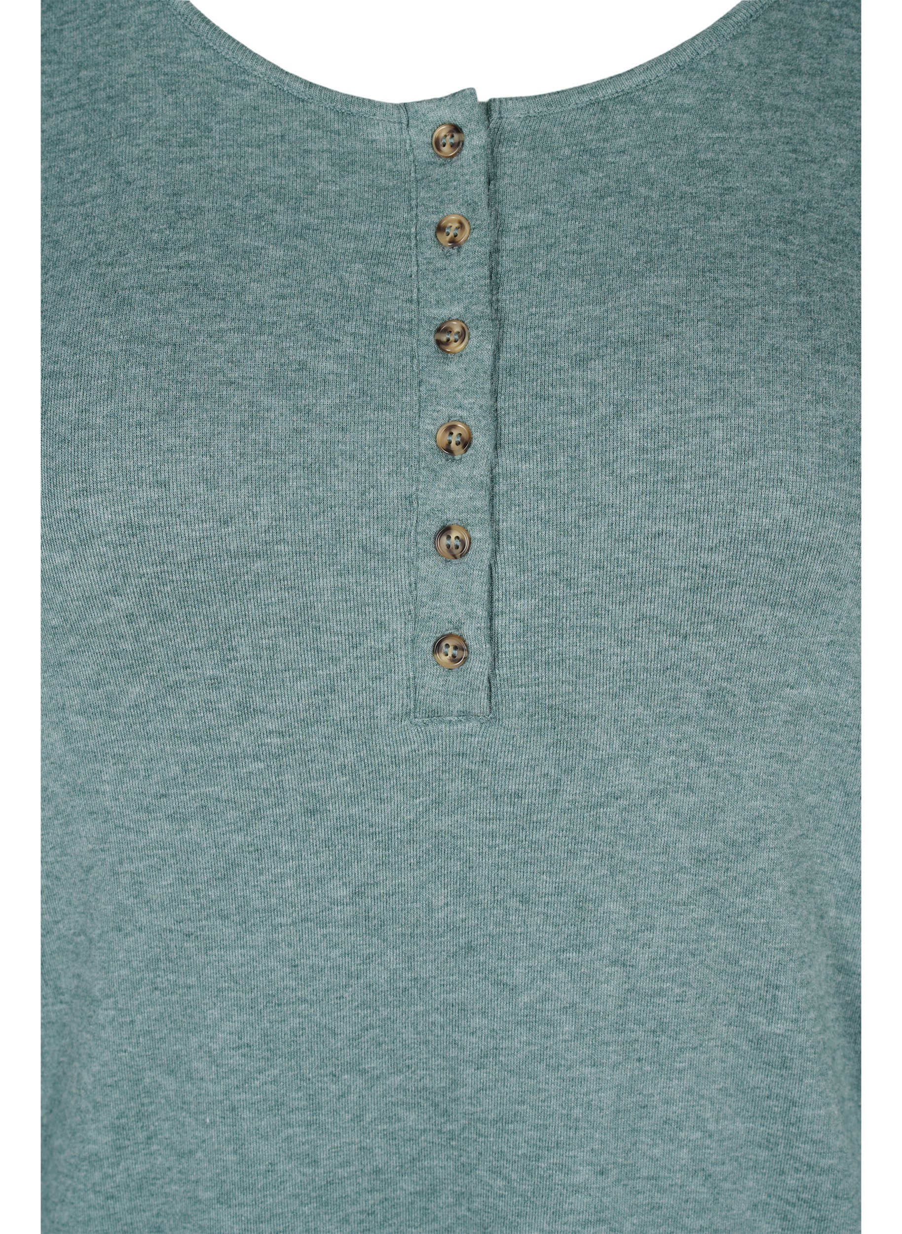 Einfarbige Bluse mit Knöpfen und 3/4-Ärmel, Green Melange, Packshot image number 2
