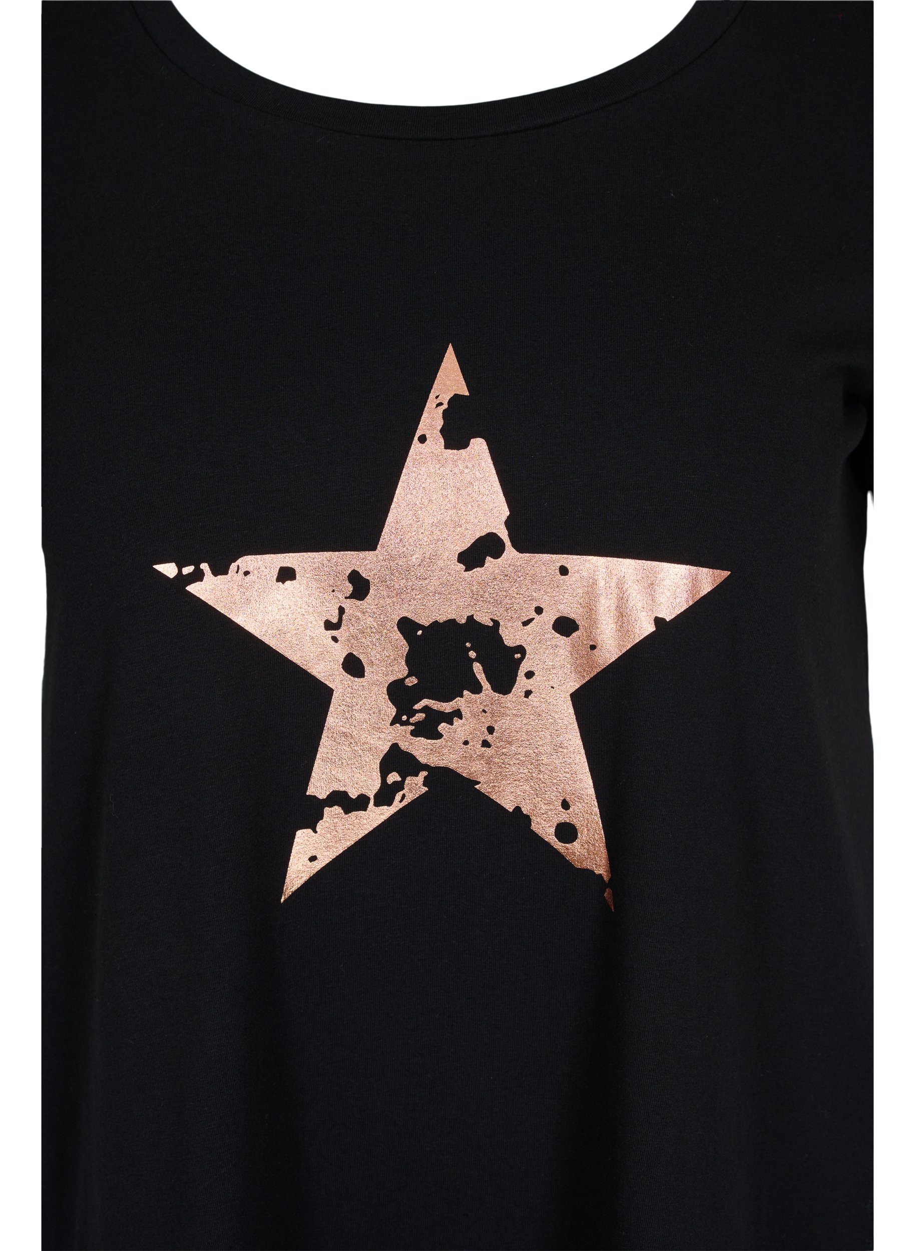 Kurzarm T-Shirt aus Baumwolle mit Aufdruck, Black w. star copper, Packshot image number 2