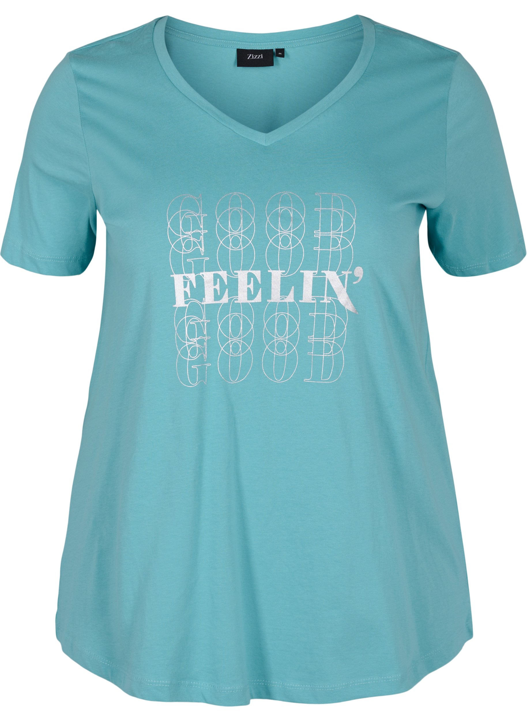 T-Shirt aus Baumwolle mit V-Ausschnitt, Aqua Sea Good F., Packshot image number 0