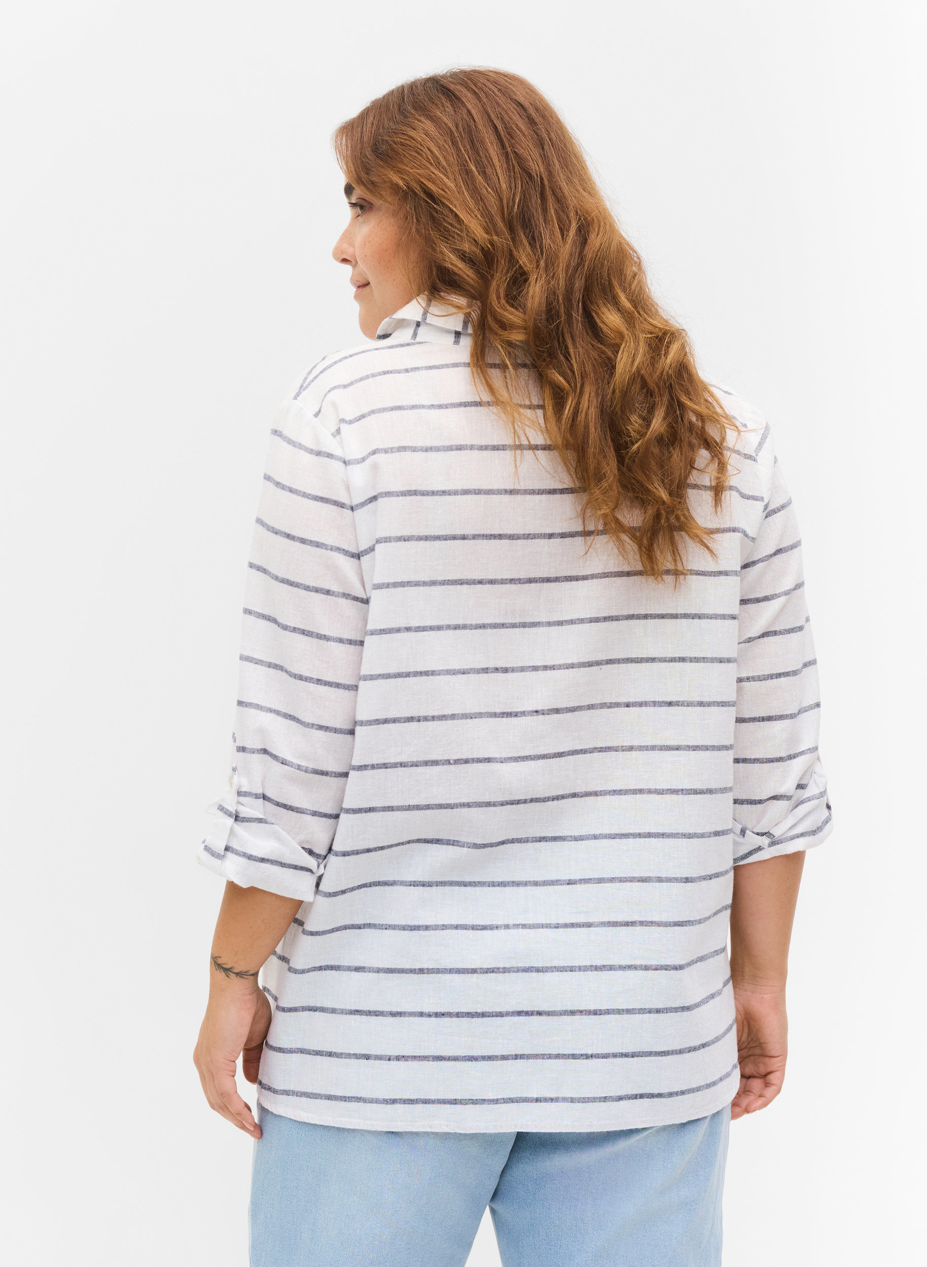Bluse mit 3/4-Ärmeln und Knöpfen, Navy Blazer stripe, Model