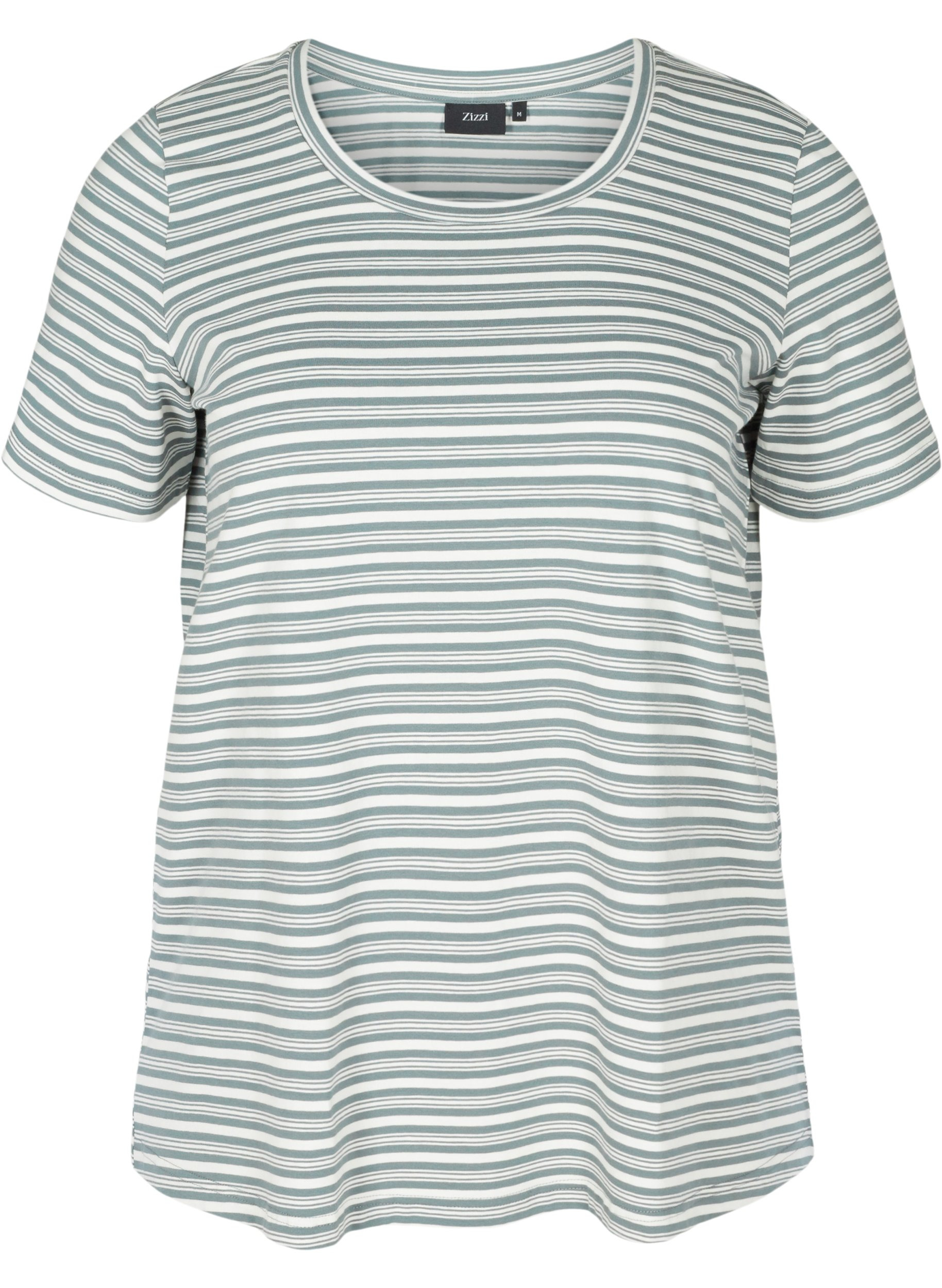 Gestreiftes T-Shirt aus Baumwolle, Balsam Green w.Egret, Packshot image number 0