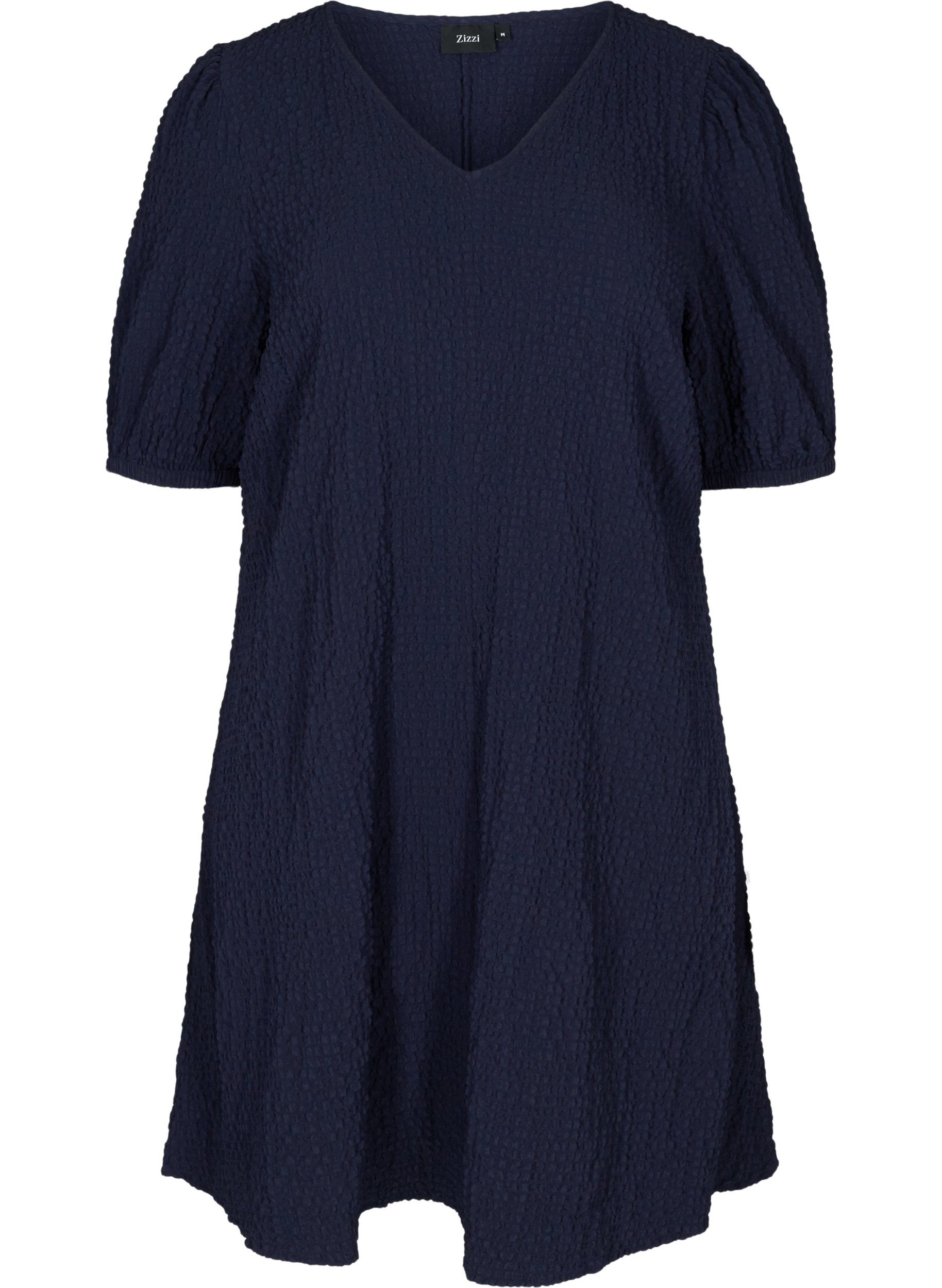 Kleid mit Struktur, A-Linie und Puffärmeln, Evening Blue, Packshot image number 0