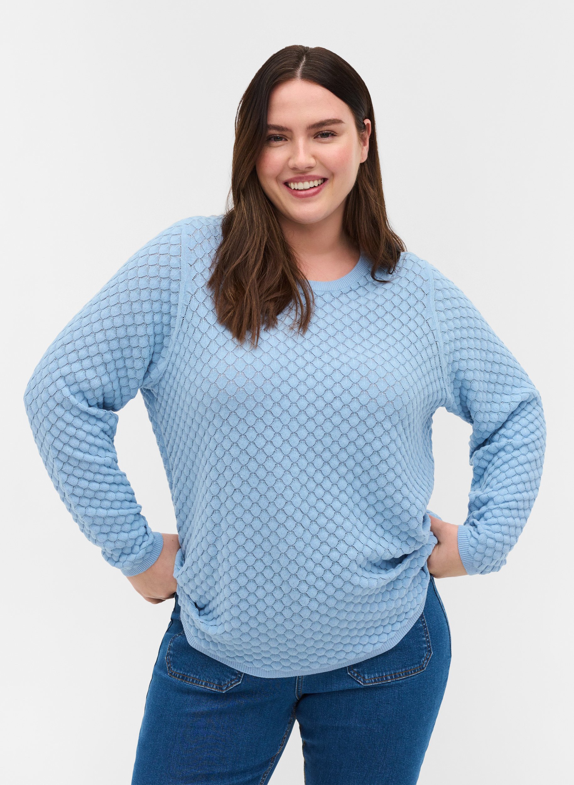 Gestrickte Bluse aus Bio-Baumwolle mit langen Ärmeln, Chambray Blue, Model image number 0