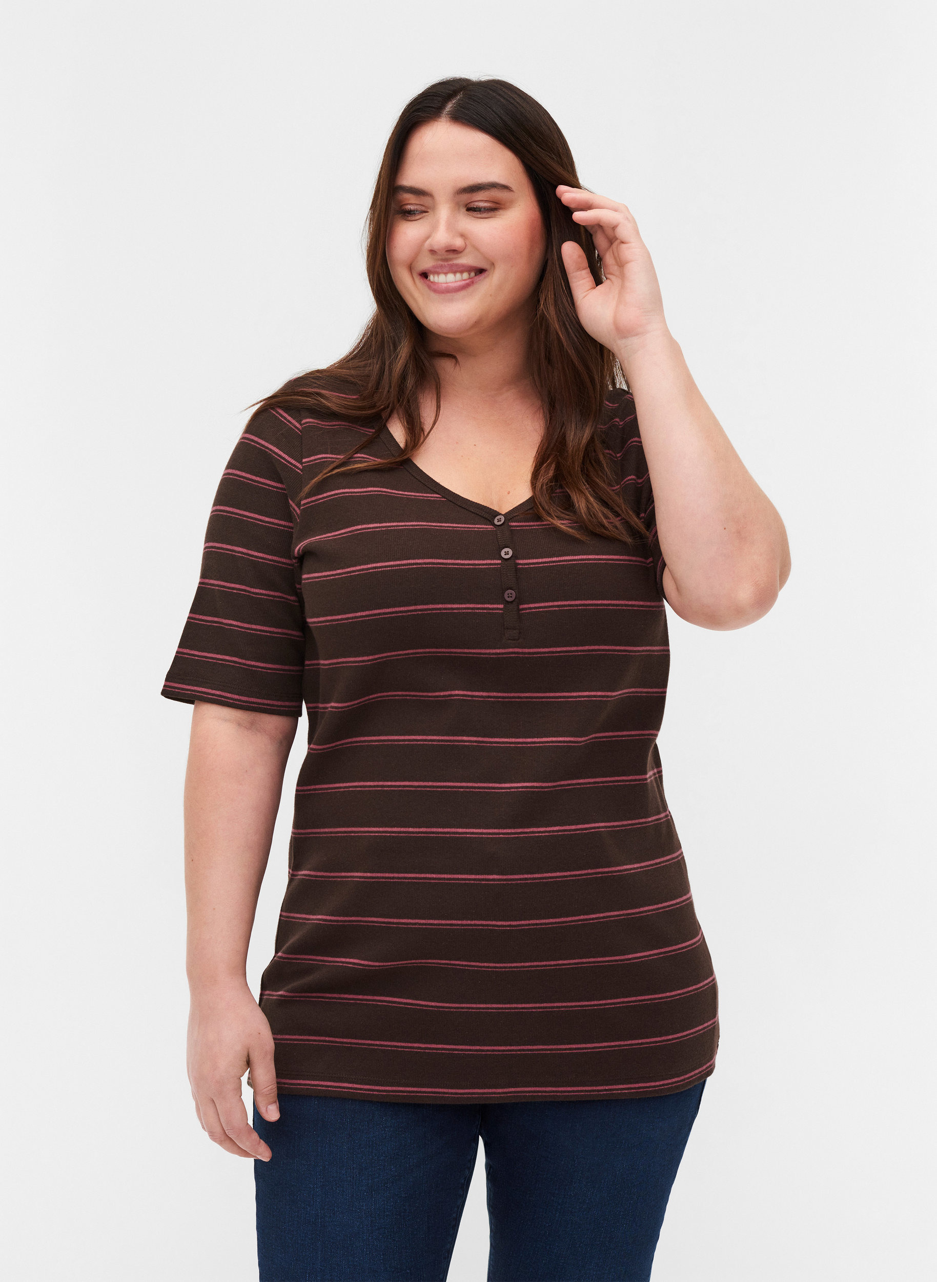 Gestreiftes T-Shirt aus Baumwolle mit Ripp, Mole Stripe, Model