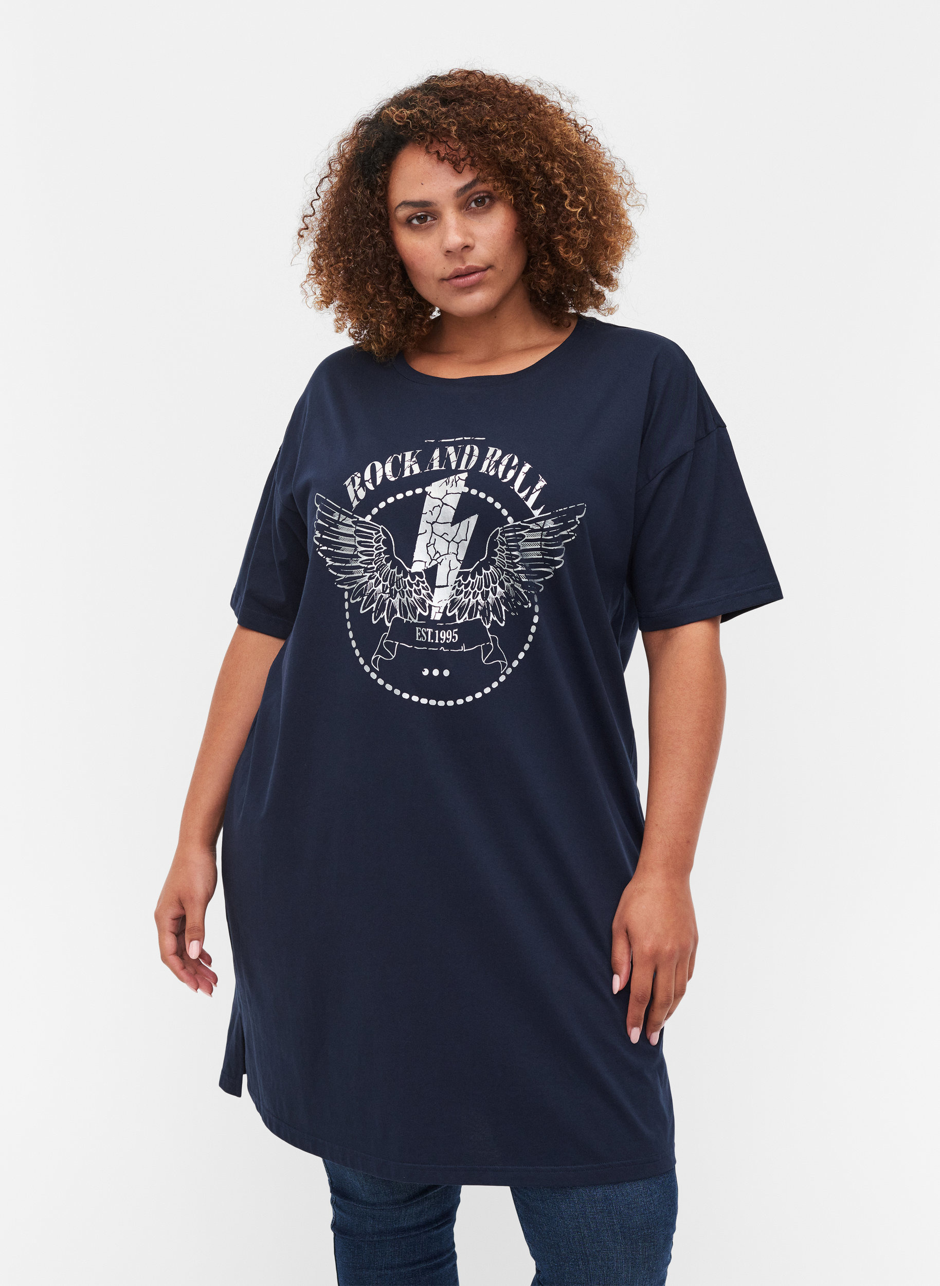 T-Shirt-Kleid aus Baumwolle mit Printdetails, Navy Blazer, Model image number 0