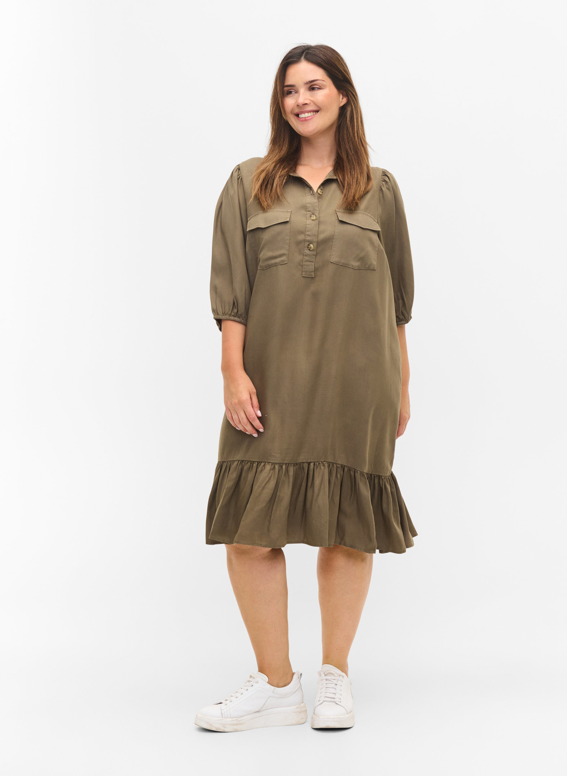 Kleid mit Rüschenbesatz und 3/4-Ärmeln, Dusty Olive, Model image number 2