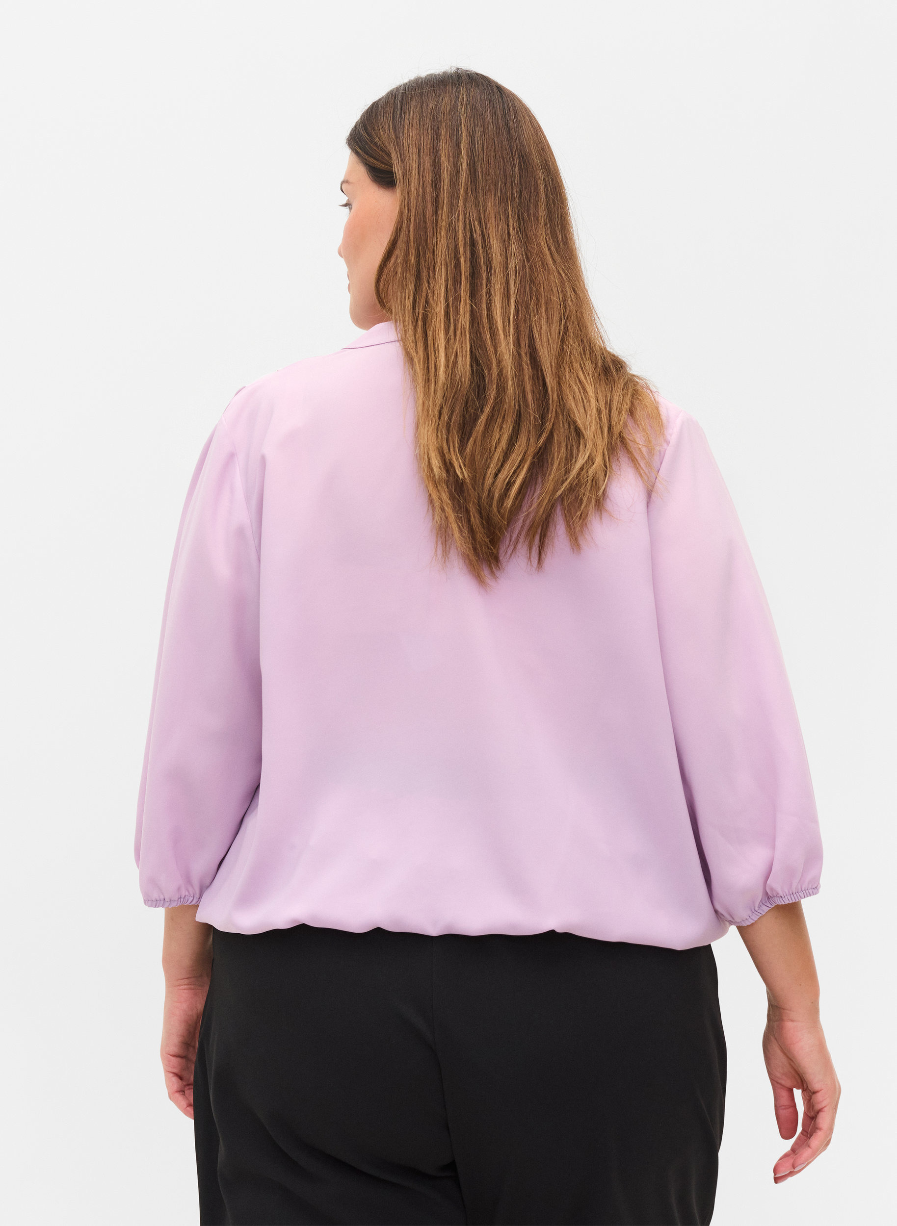 Bluse mit Wickel-Look, V-Ausschnitt und 3/4-Ärmel, Lavender Frost, Model image number 1