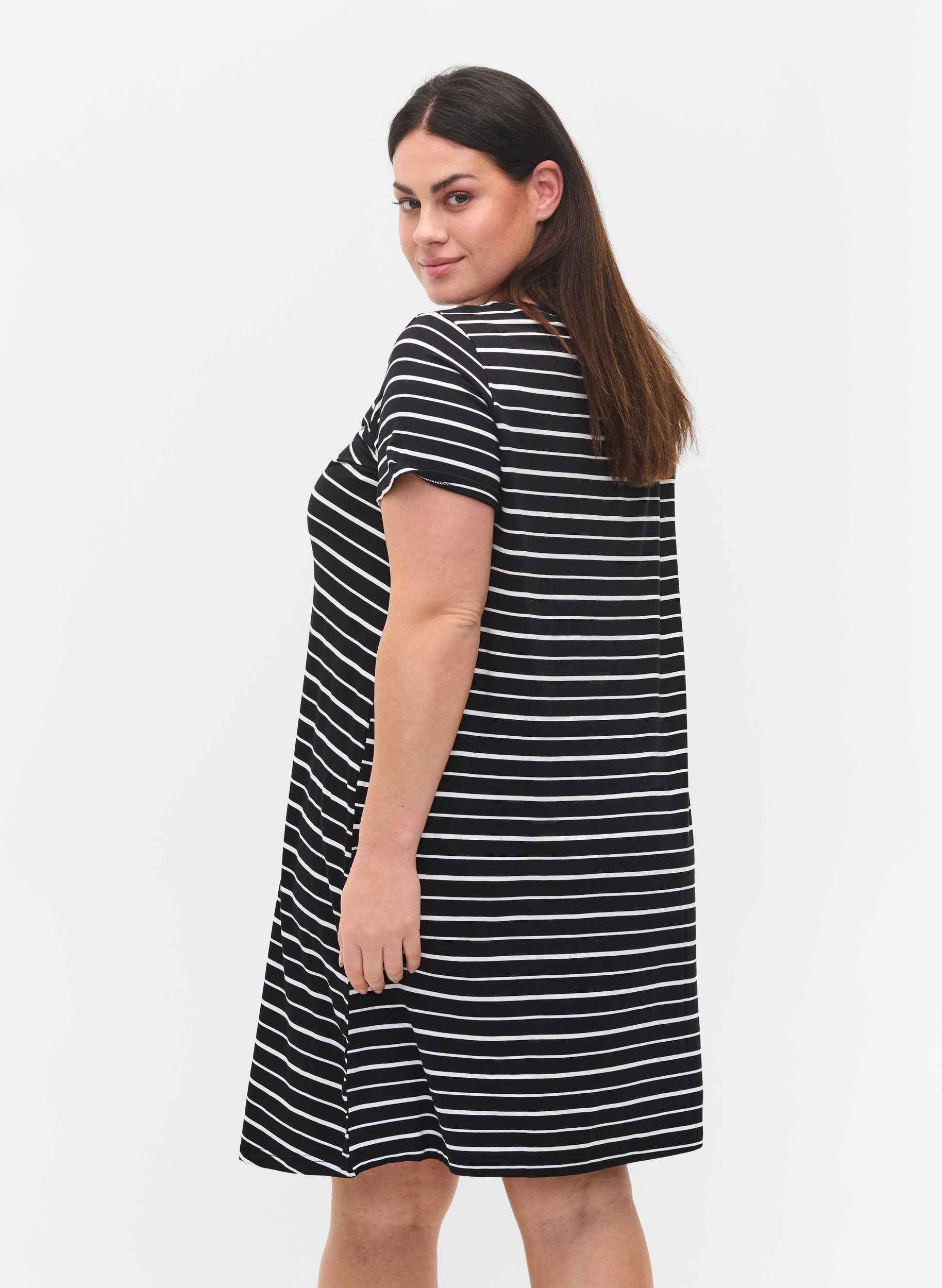 Kleid mit kurzen Ärmeln, Black w. Stripe, Model image number 1