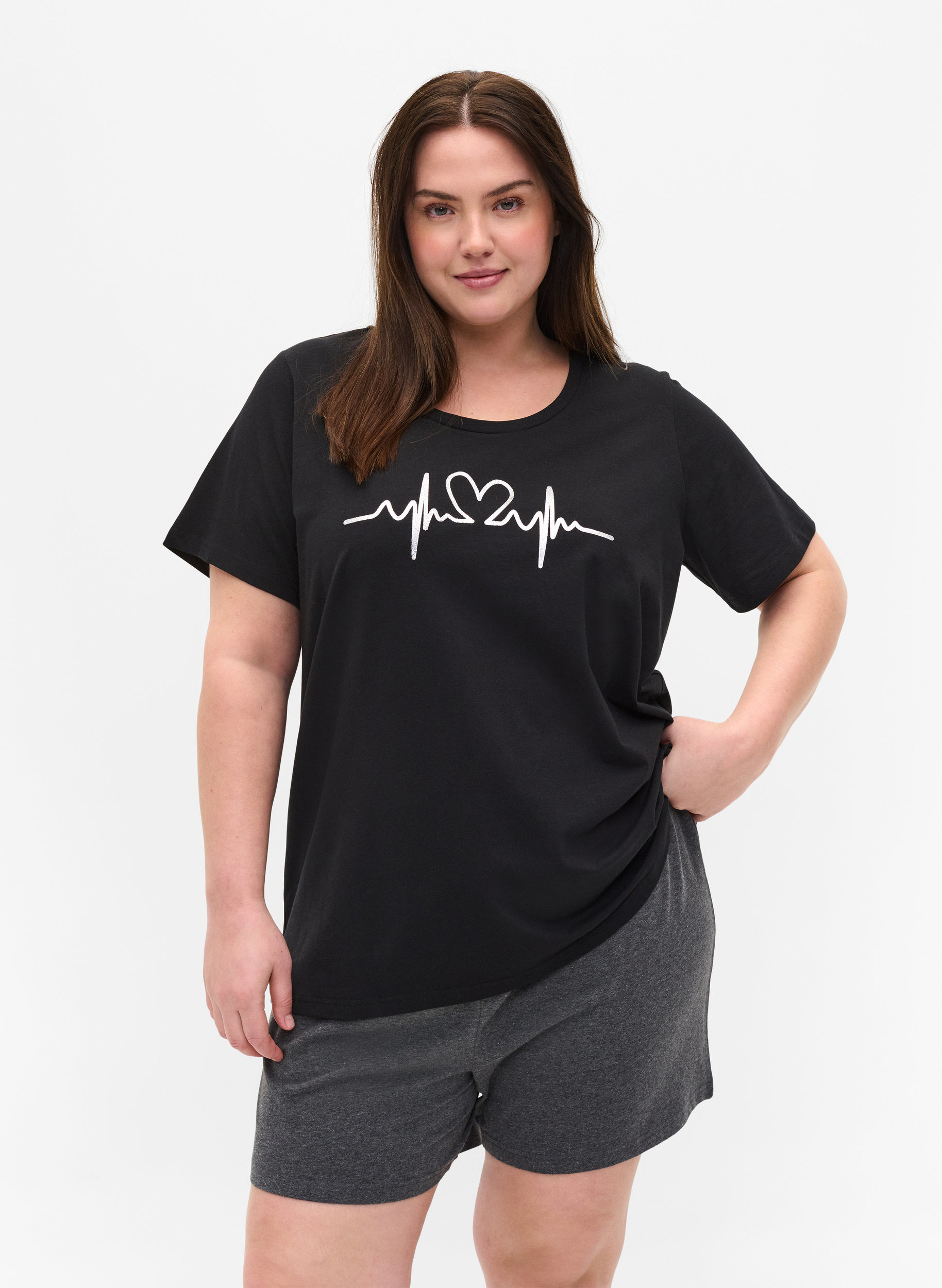 Schlaf-T-Shirt mit kurzen Ärmeln und Print, Black HEARTBEAT, Model image number 0